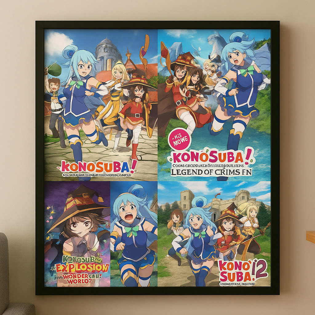 Framed KonoSuba Poster Set (5) – Full Series Anime Wall Art – Megumin Aqua Movie