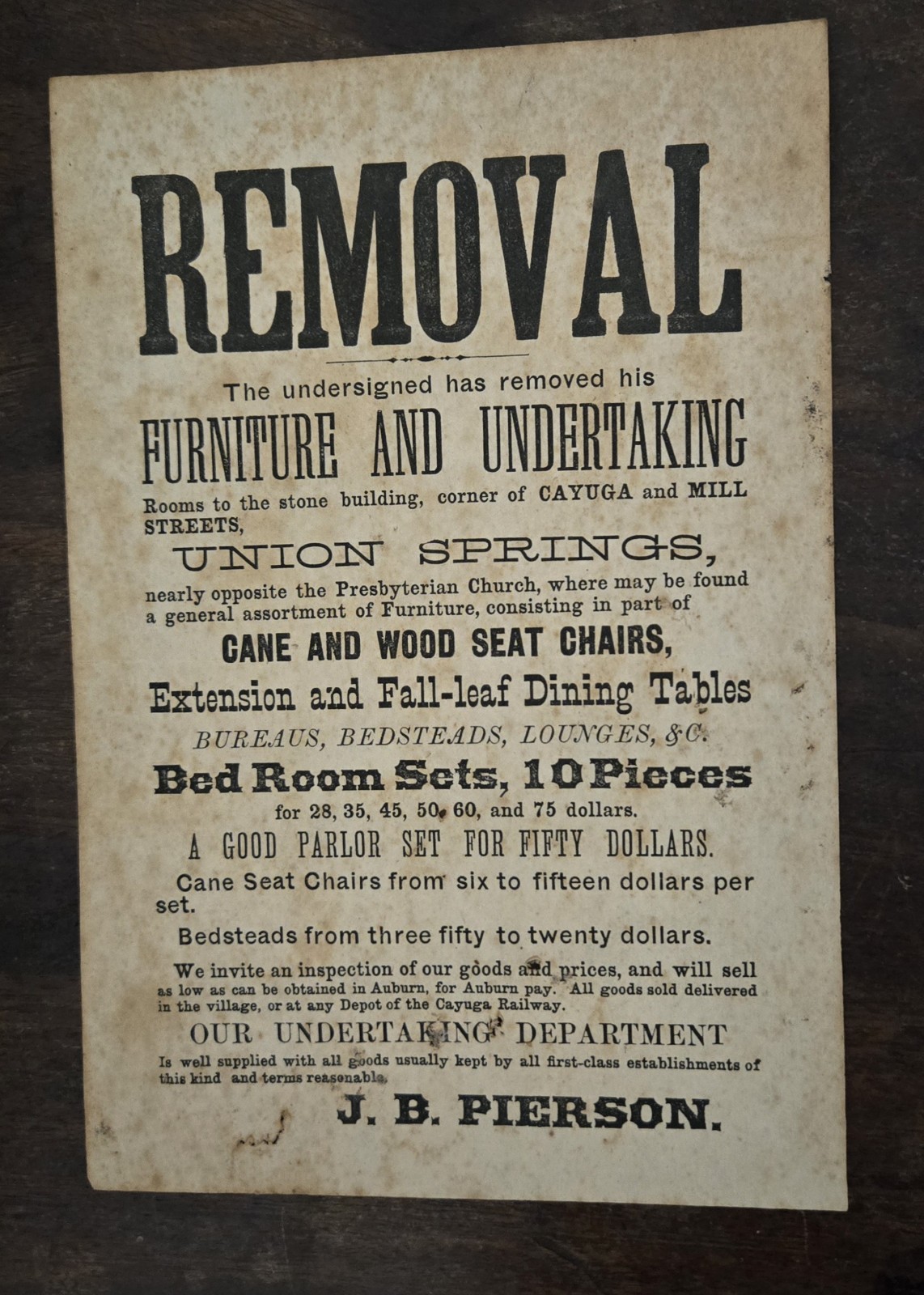 Antique 1879 Union Springs NY J B Pierson Furniture Undertaking Broadside Flyer Antique 1879 Union Springs NY J B Pierson Furniture Undertaking Broadside Flyer