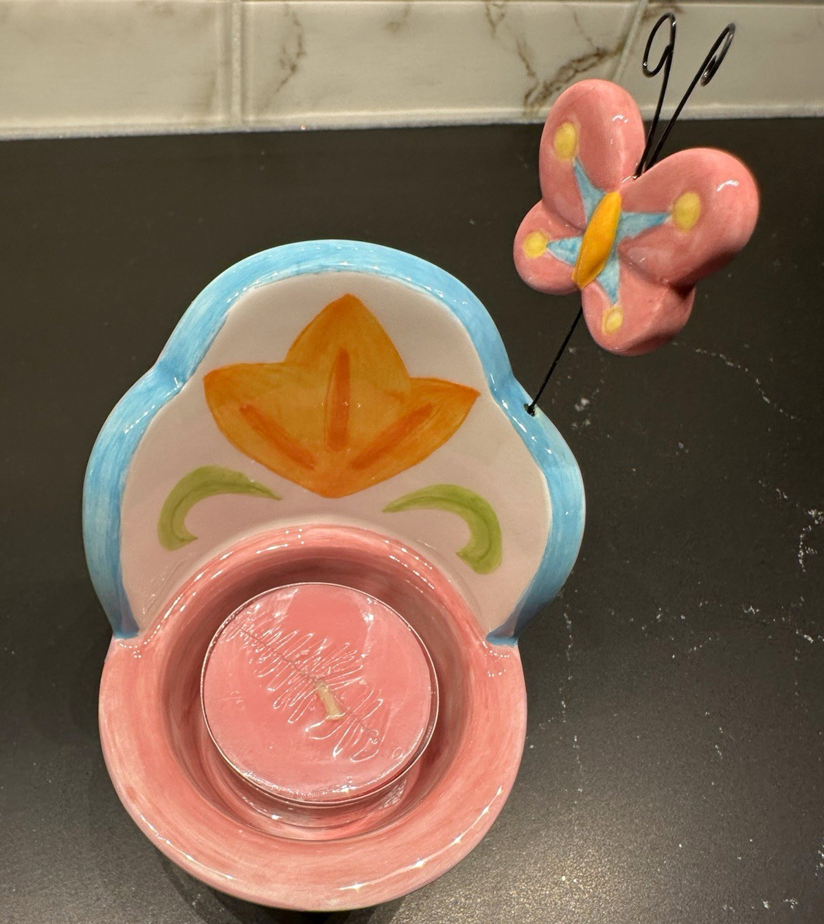 Avon Floral Butterfly Pink Ceramic Tea Light Candle Holder Hand Painted Boxed
