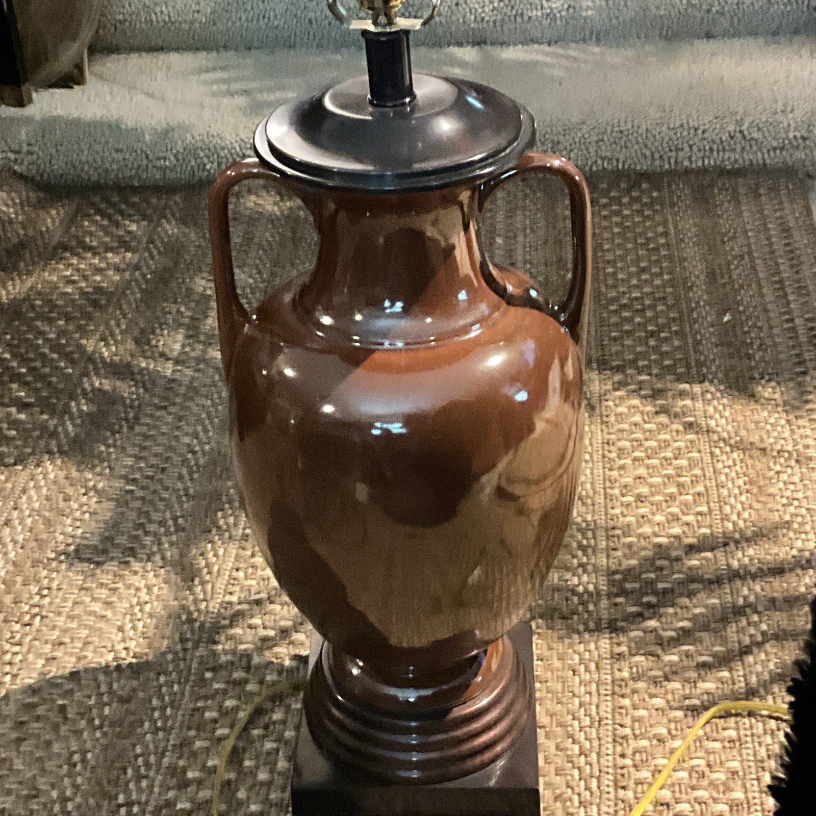 FREDERICK COOPER Lamp Glazed Ceramic Double Handle Urn Brass Base 34”x9” Finial