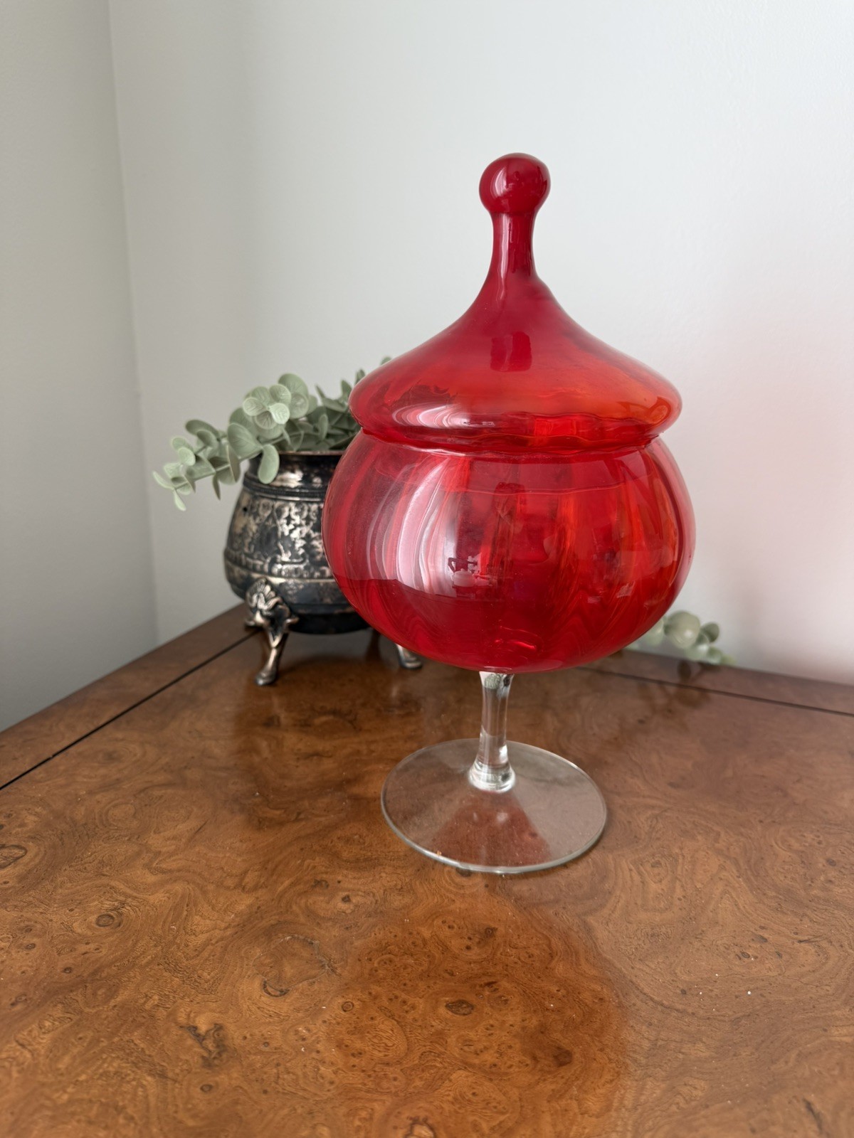 Vintage Empoli Red Glass Circus Tent Apothecary Jar with Lid – Mid-Century