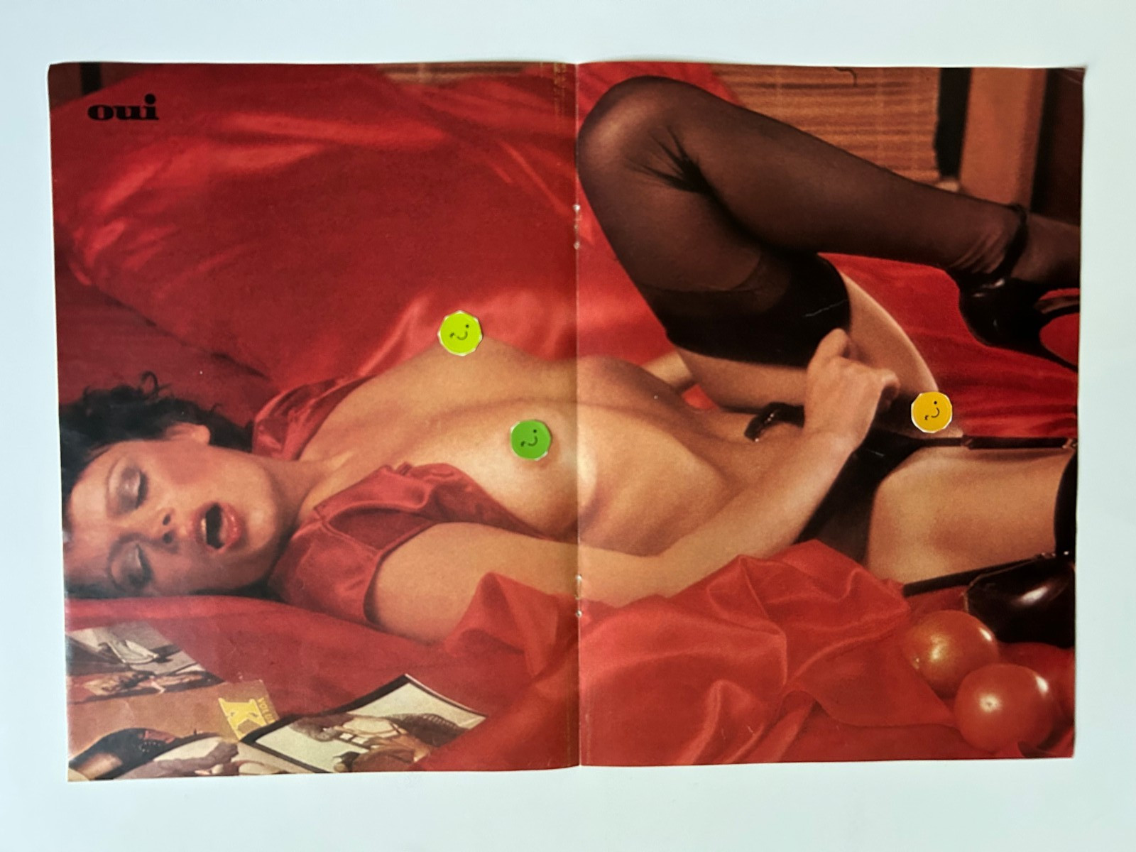 1975 Rapturous Brunette & Red Silk Print Magazine Centerfold Photo Bar Art Pinup