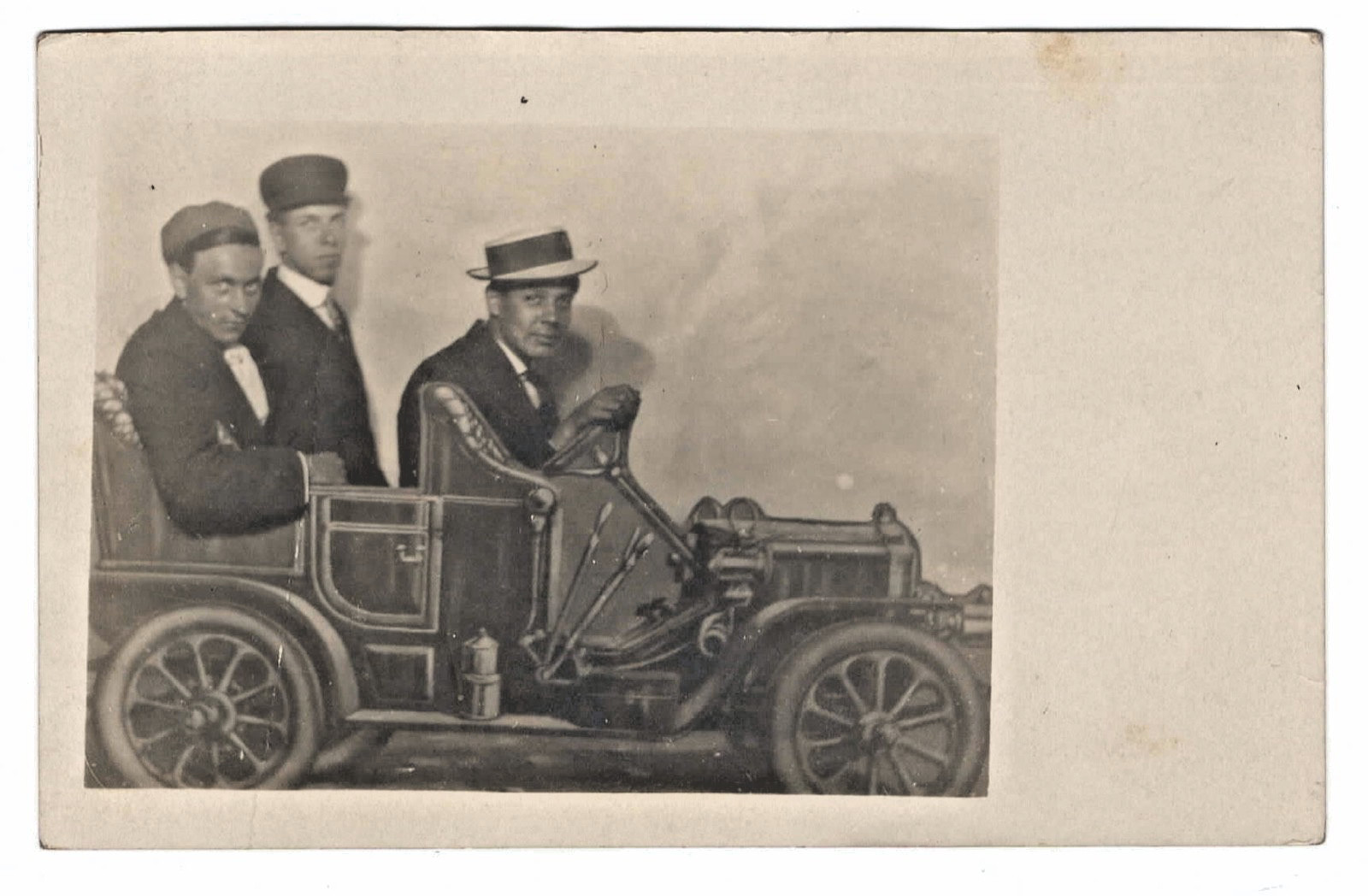 1910s~3 Victorian Men Pose in ROADSTER CAR STUDIO PROP REAL PHOTO POSTCARD RPPC