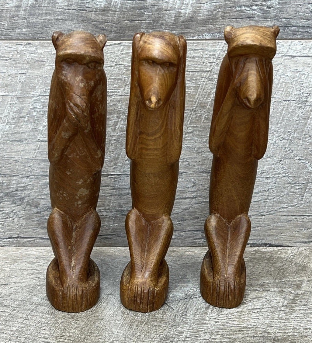 Vintage African Wood Hand Carved Monkey Figurines See, Hear & Speak No Evil Vintage African Wood Hand Carved Monkey Figurines See, Hear & Speak No Evil