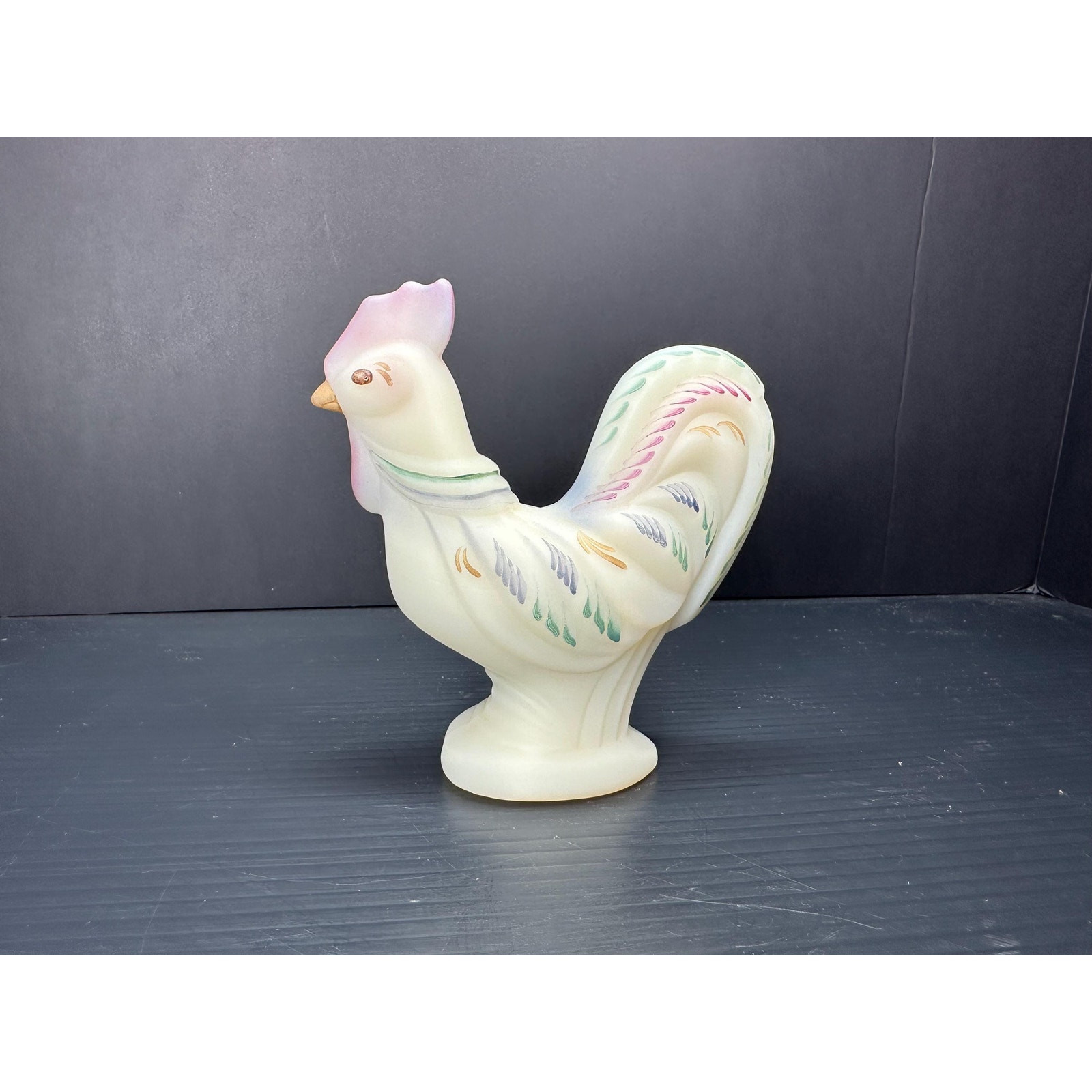 Fenton 5292 CB Medium Rooster Opal Satin Hand-Painted by Dennis Thornton 1999