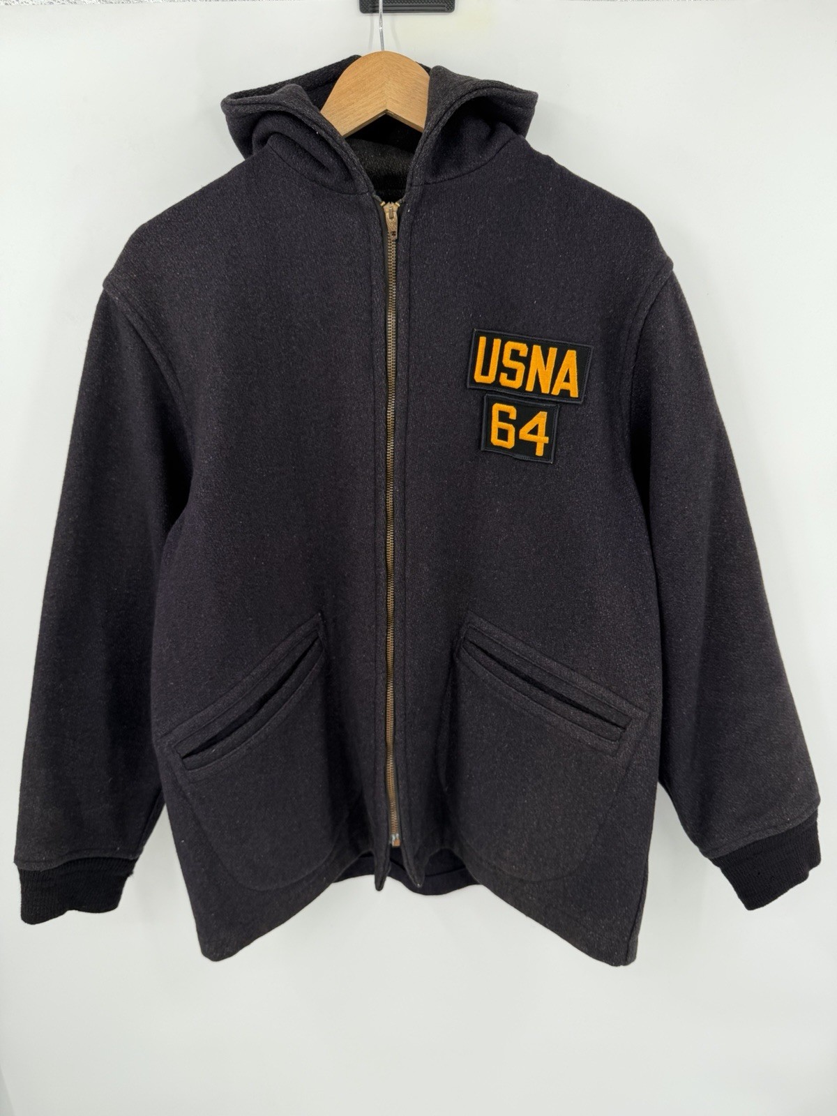 Vintage 60s US Naval Academy USNA Wool Jacket Mens Size Large Zip Hood Blue