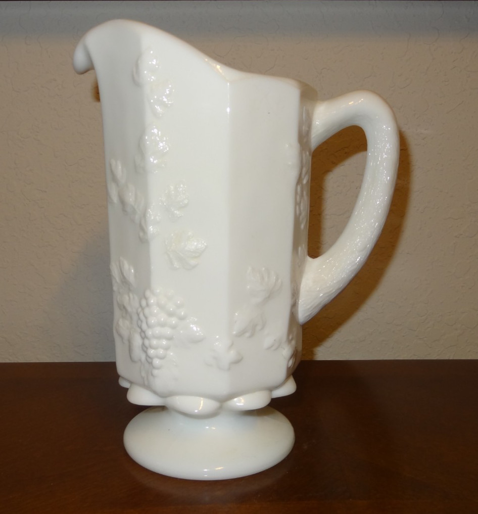 VINTAGE PITCHER MILK GLASS QUART PITCHER PANELED GRAPE WESTMORELAND, MARKED W VINTAGE PITCHER MILK GLASS QUART PITCHER PANELED GRAPE WESTMORELAND, MARKED W