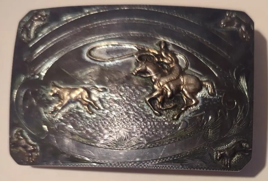 McCabe Sunset Trails Sterling Silver & 10K Cowboy Rodeo Bull Belt Buckle VTG 925 McCabe Sunset Trails Sterling Silver & 10K Cowboy Rodeo Bull Belt Buckle VTG 925