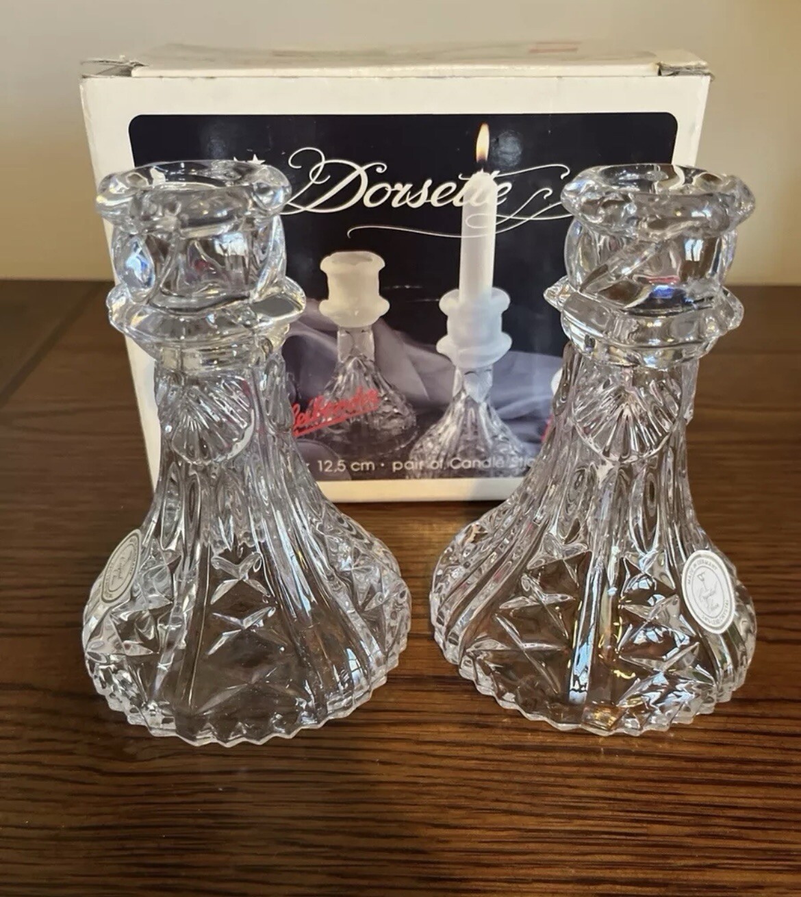 NOS Anna Hutte Bleikristall Dorsette Cut Lead Crystal Candlesticks Pair GERMANY