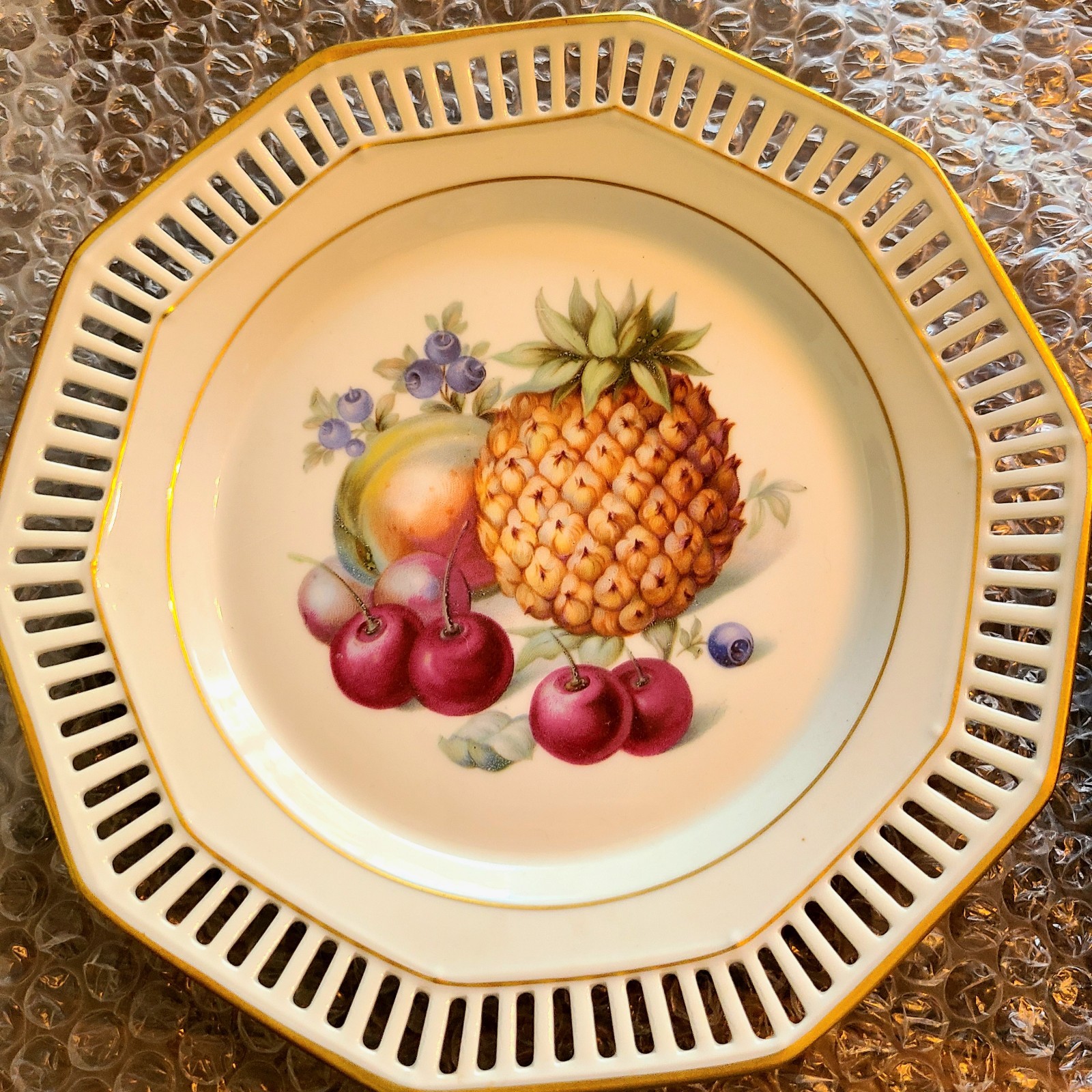 Schumann Germany Porcelain Collector Plate Fruit Pattern Pierced Rim
