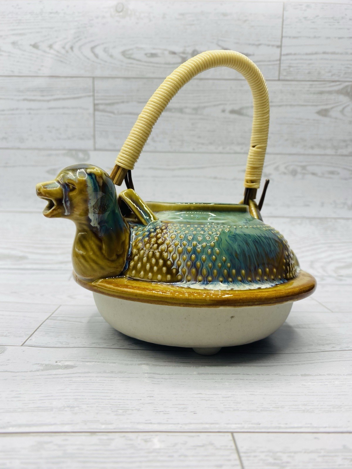 Vintage Japanese Tanuki Bunbuku Chagama Teapot Ceramic Dobin Majolica Glaze