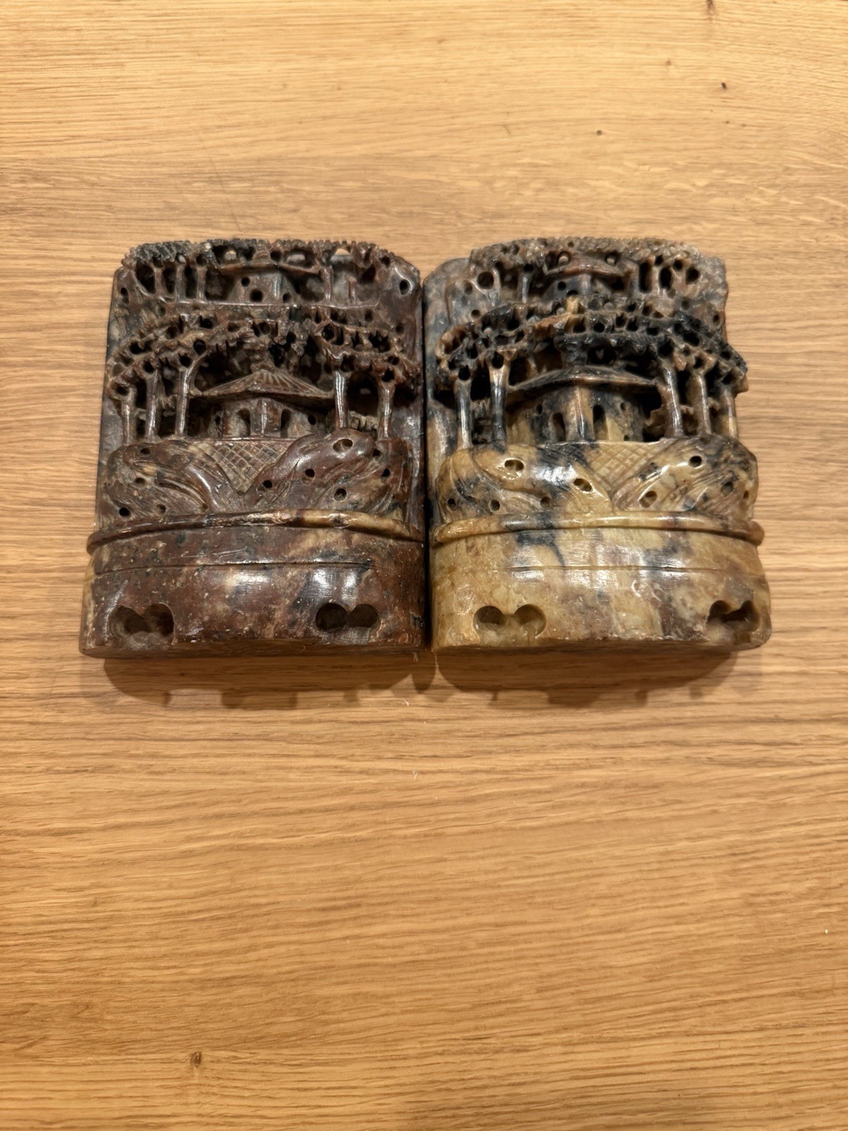 Vintage Chinese Carved Soapstone Bookends Deep Relief Hillside Pavilions & Trees Vintage Chinese Carved Soapstone Bookends Deep Relief Hillside Pavilions & Trees