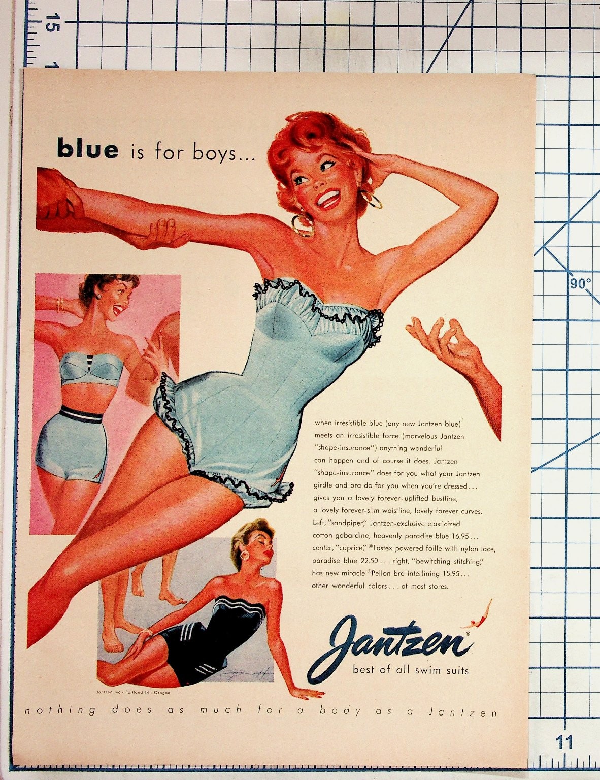 Vintage 1950s Jantzen Swimsuit Ad Art Blue Is For Boys Print Advertisement