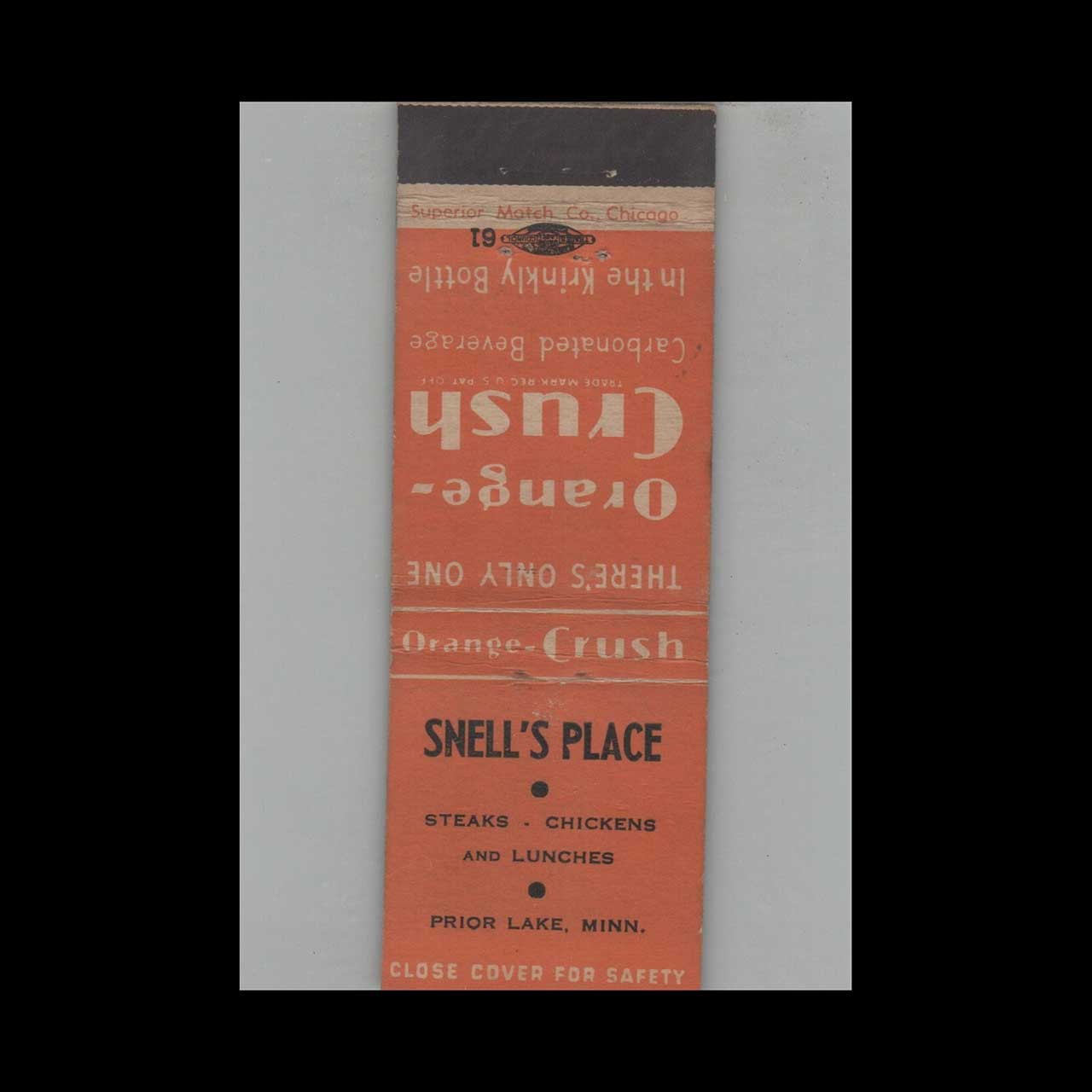 Matchbook Cover Orange Crush Snell\'s Place Prior Lake MN