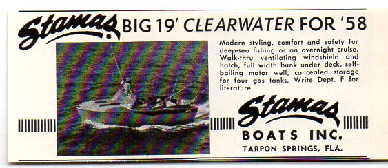 1958 Vintage Ad Stamas Big 19\' Clearwater Boats for \'58 Tarpon Springs,FL
