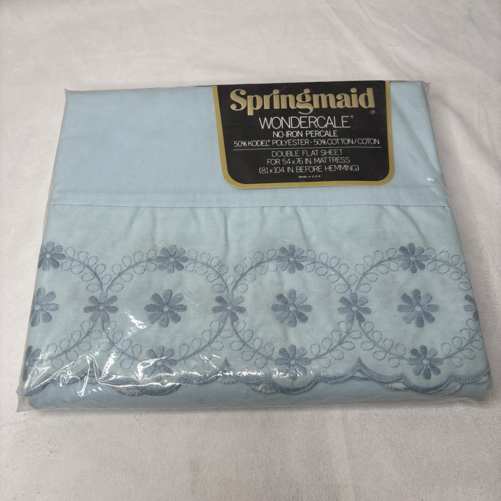 VTG Springmaid Wondercale Double Flat Sheet Blue Scallops Embroidery Eyelets