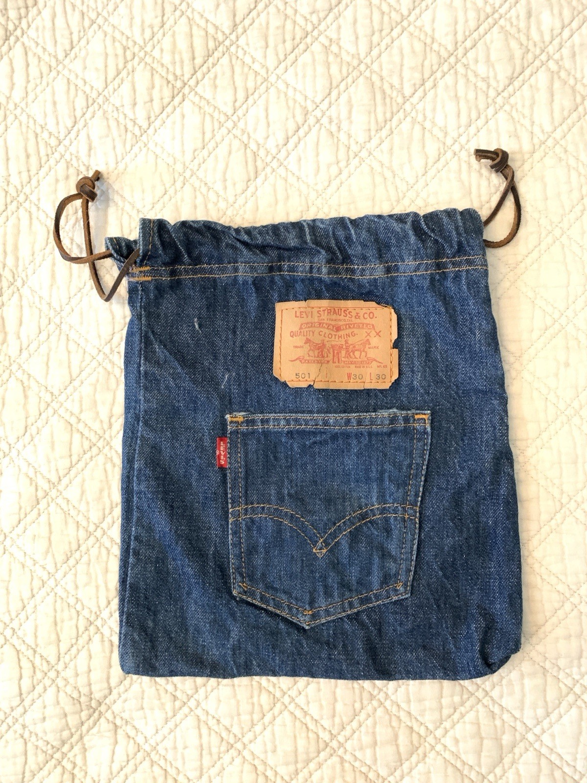 Vintage Denim Levi’s BIG E Pouch Red Tag Advertising 501 Satchel Leather String