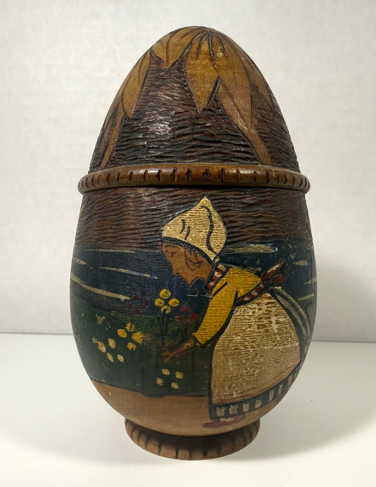 Vintage Pyrography Hand Carved Wooden Egg Trinket Box Dutch Windmill Folk Art Vintage Pyrography Hand Carved Wooden Egg Trinket Box Dutch Windmill Folk Art