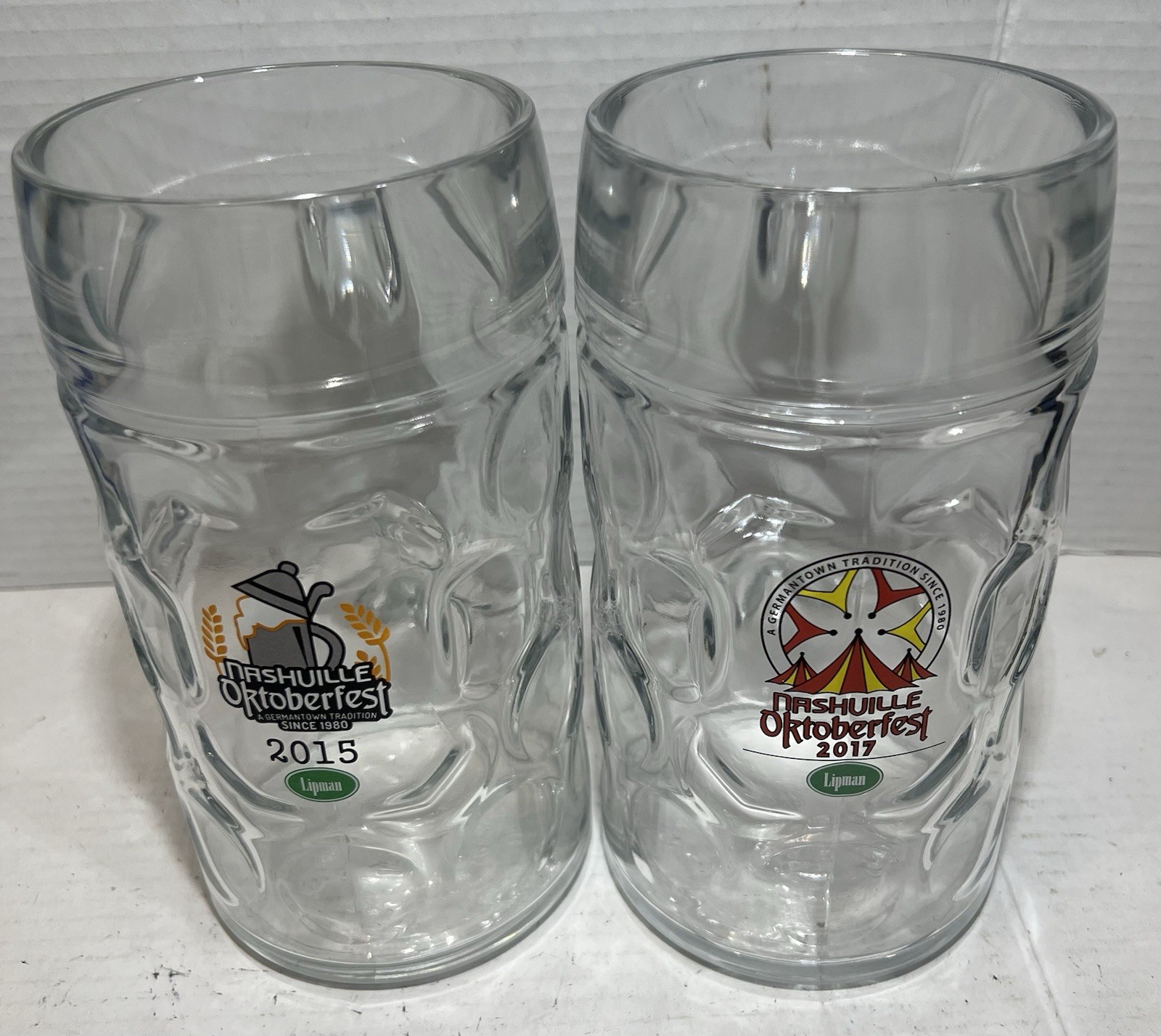 Set (2) 1L Liter Dimpled Glass Beer Mug Stein Nashville 2015 & 2017 Oktoberfest