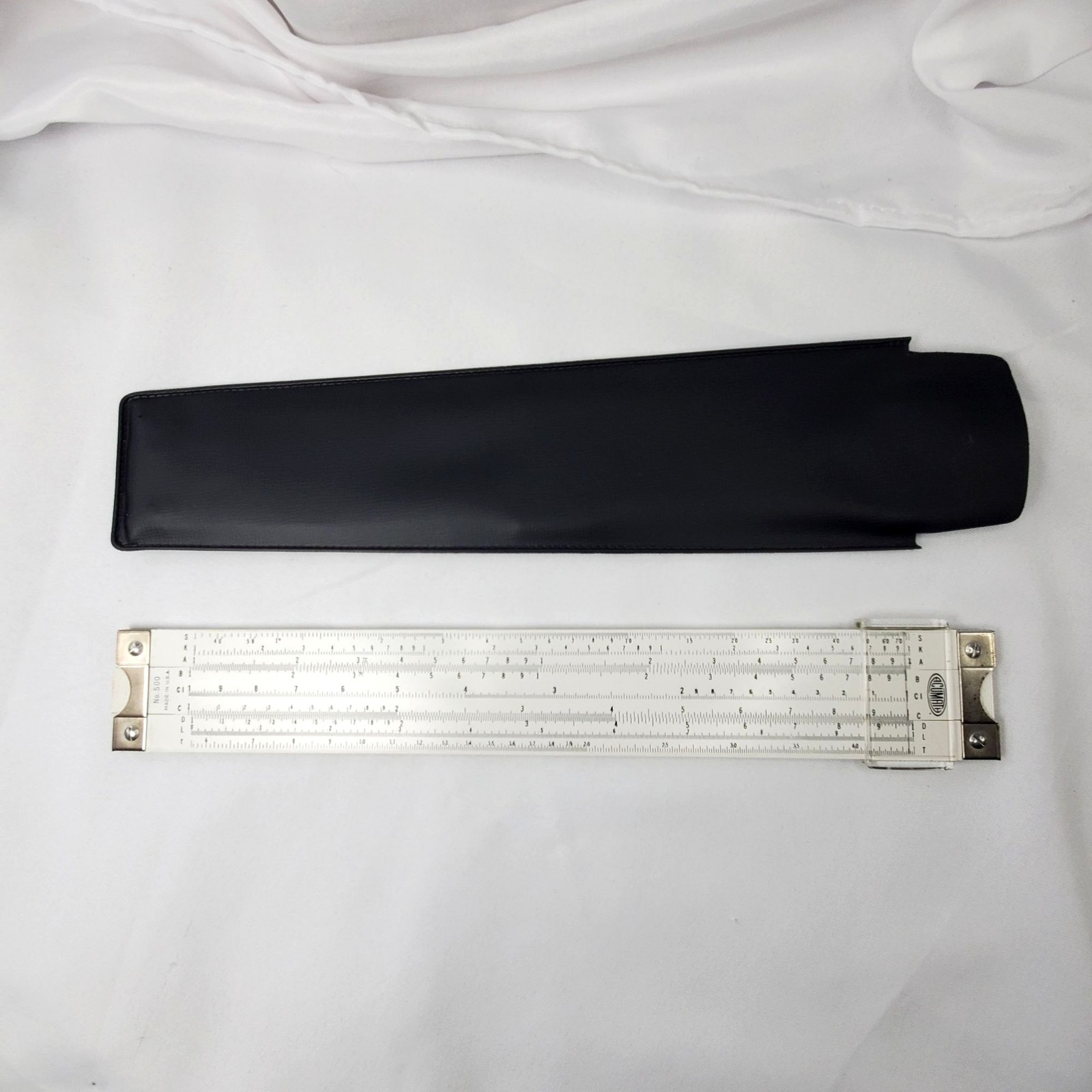 Vintage Acu-math No. 500 Slide Rule Ruler White With Black Case Made In USA