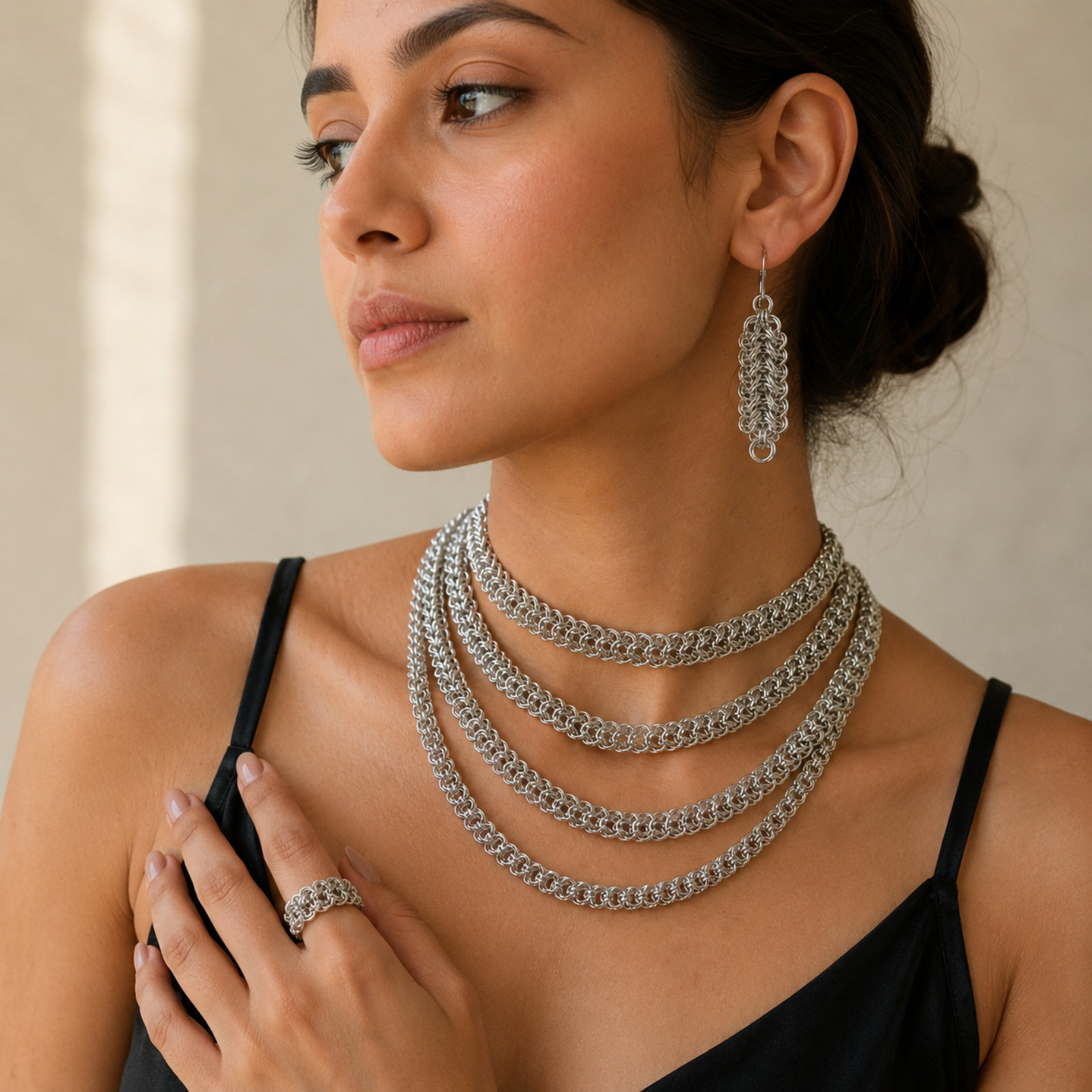 Silver Layered Chainmail Necklace Set Multi Strand Statement Choker for Women