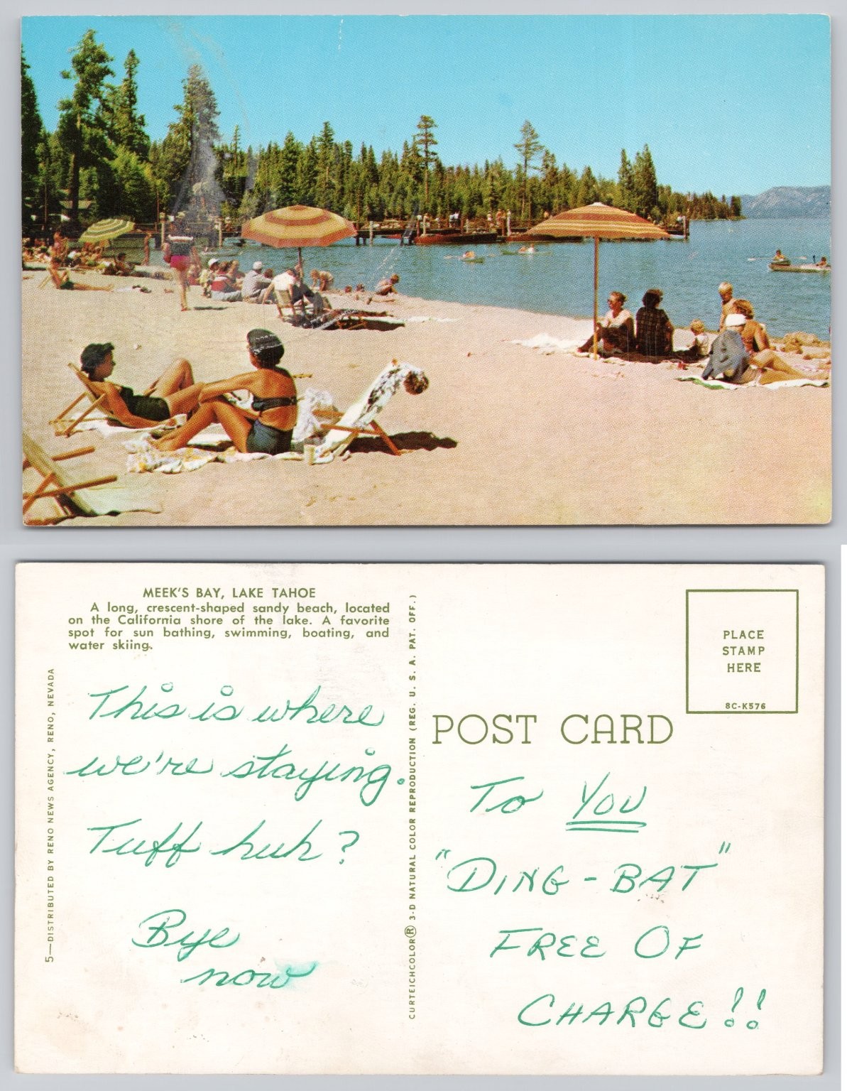 Meek\'s Bay Lake Tahoe Beach 1958 Chrome Postcard Vintage California Nevada