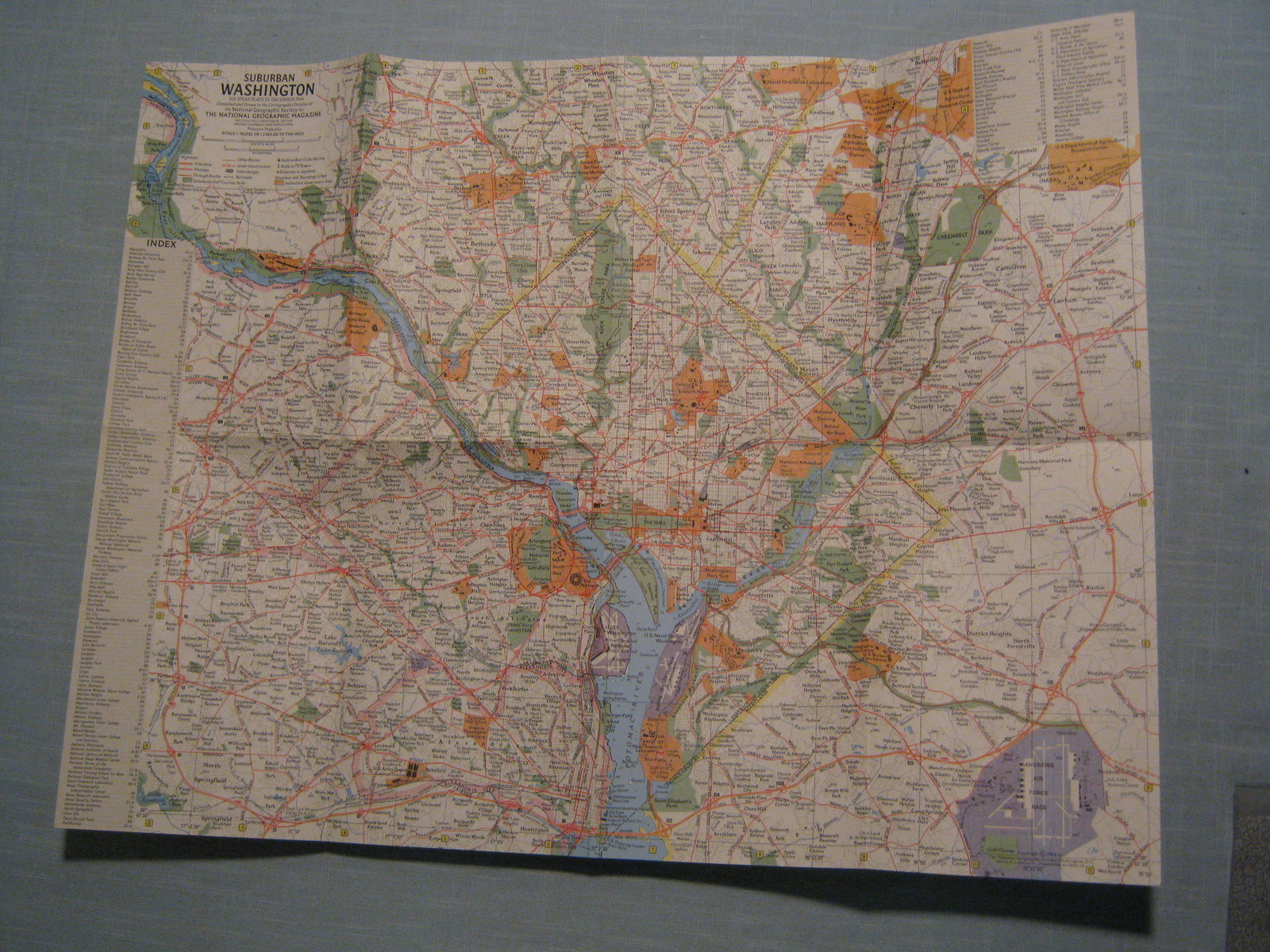 VINTAGE TOURIST + SUBURBAN WASHINGTON MAP National Geographic December 1964 