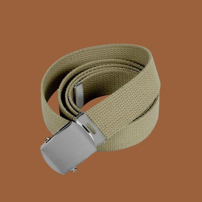 U.S MILITARY KHAKI WEB BELT WITH CHROME PLATED SOLID BRASS BUCKLE U.S.A MADE