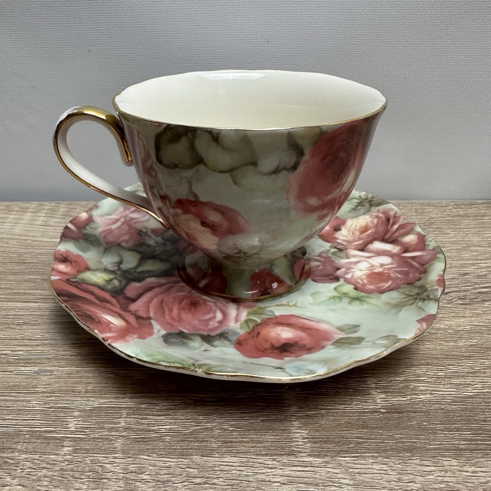 Peppertree Tea Ware Porcelain Teacup Saucer Set Pink Cabbage Rose Gold Trim