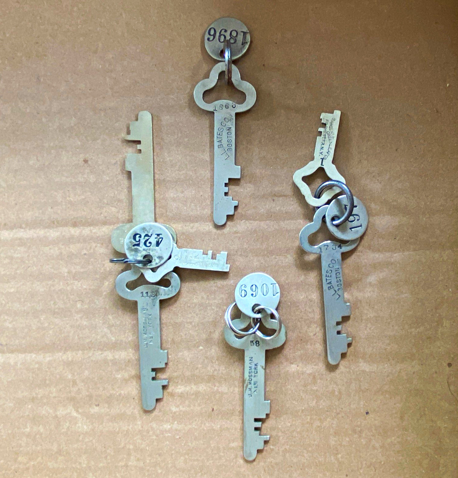 J.M. Mossman New York & L.L. Bates Co. Boston Skeleton Keys w/ Tags (Lot)