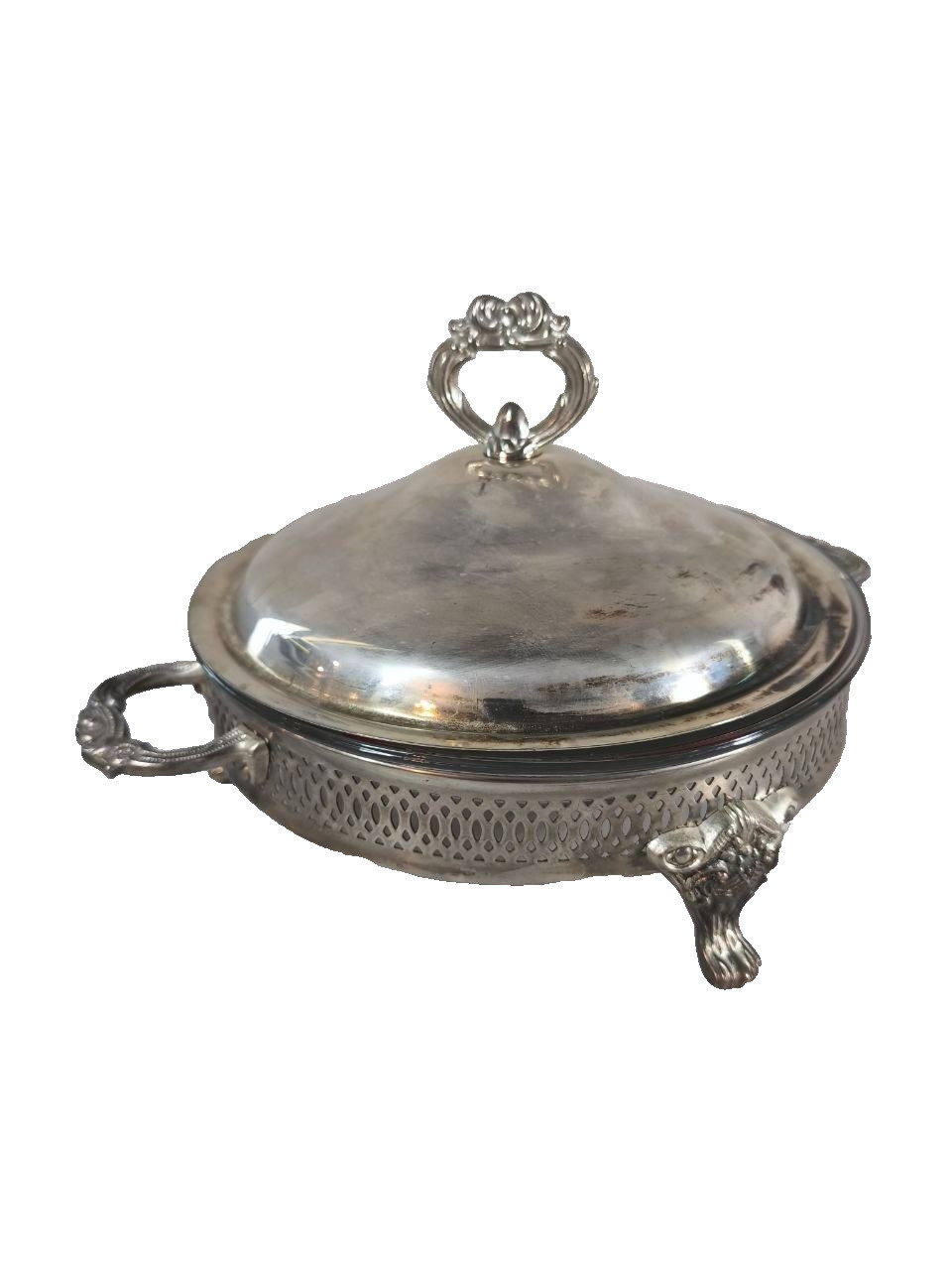Vintage Silver Plated Casserole Dish Holder with Fire-King 9\