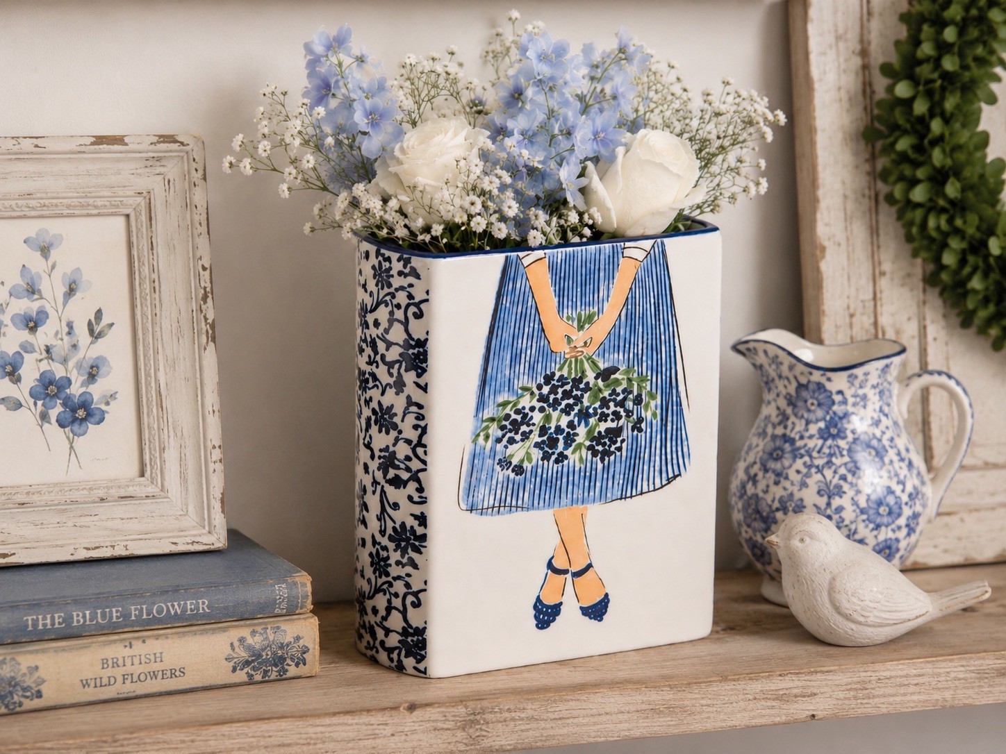 Ceramic Blue & White Floral Book Shaped Vase Vintage Style Ceramic Vase Flowers