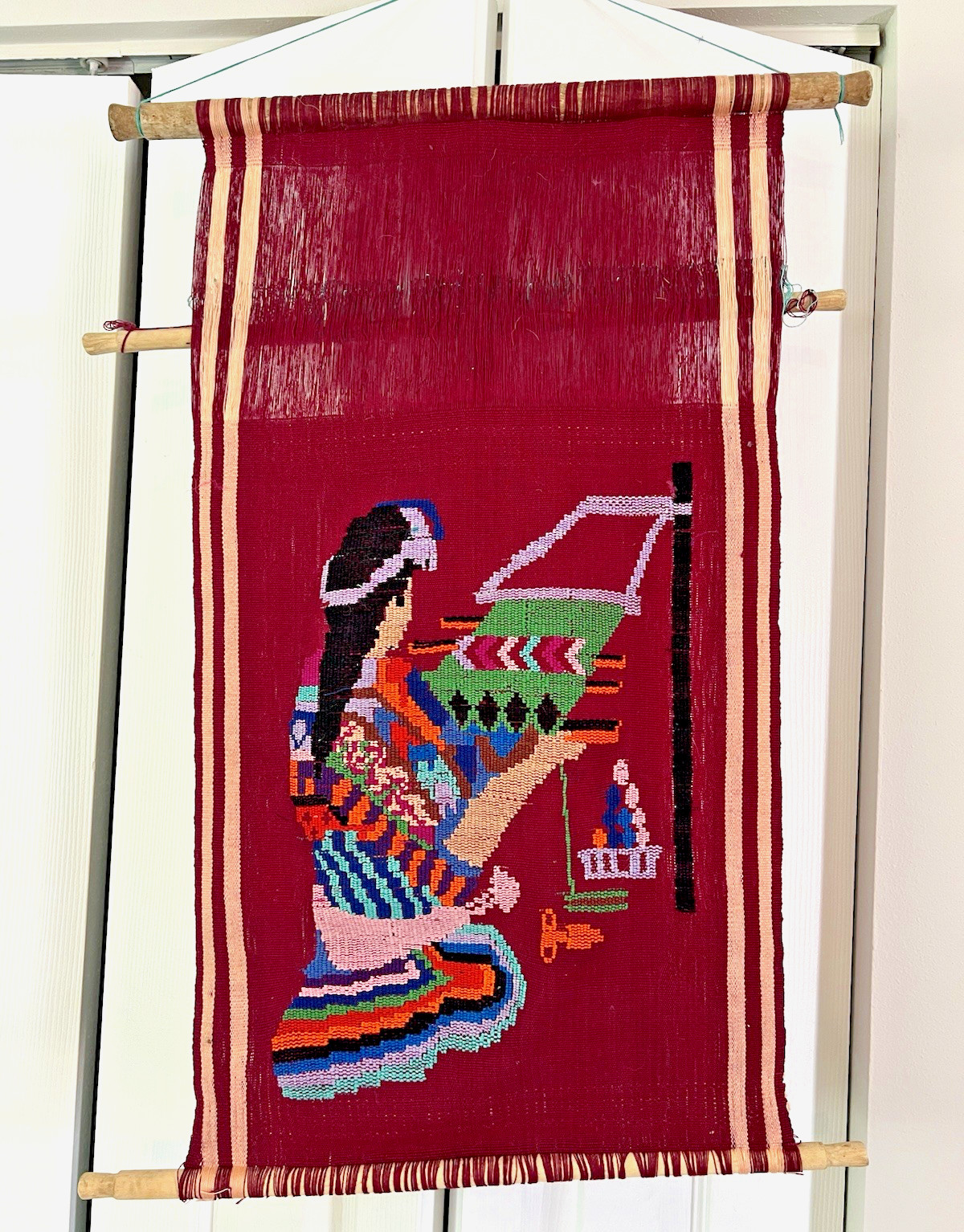 Vtg Guatemala Mayan Woman Backstrap Loom Handwoven Wall Hanging Tapestry 28