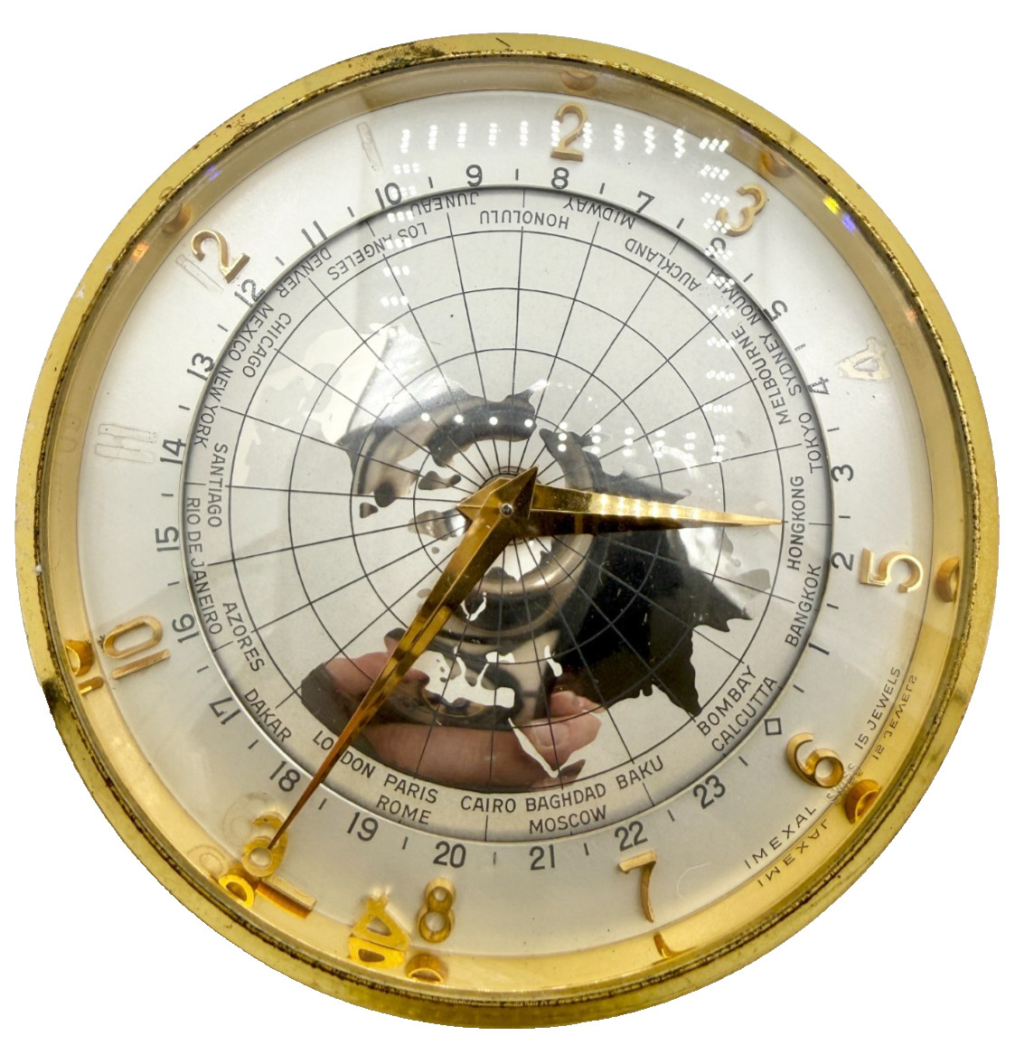 Antique Mechanical Gold Tone Imexal World TIme Desk Clock