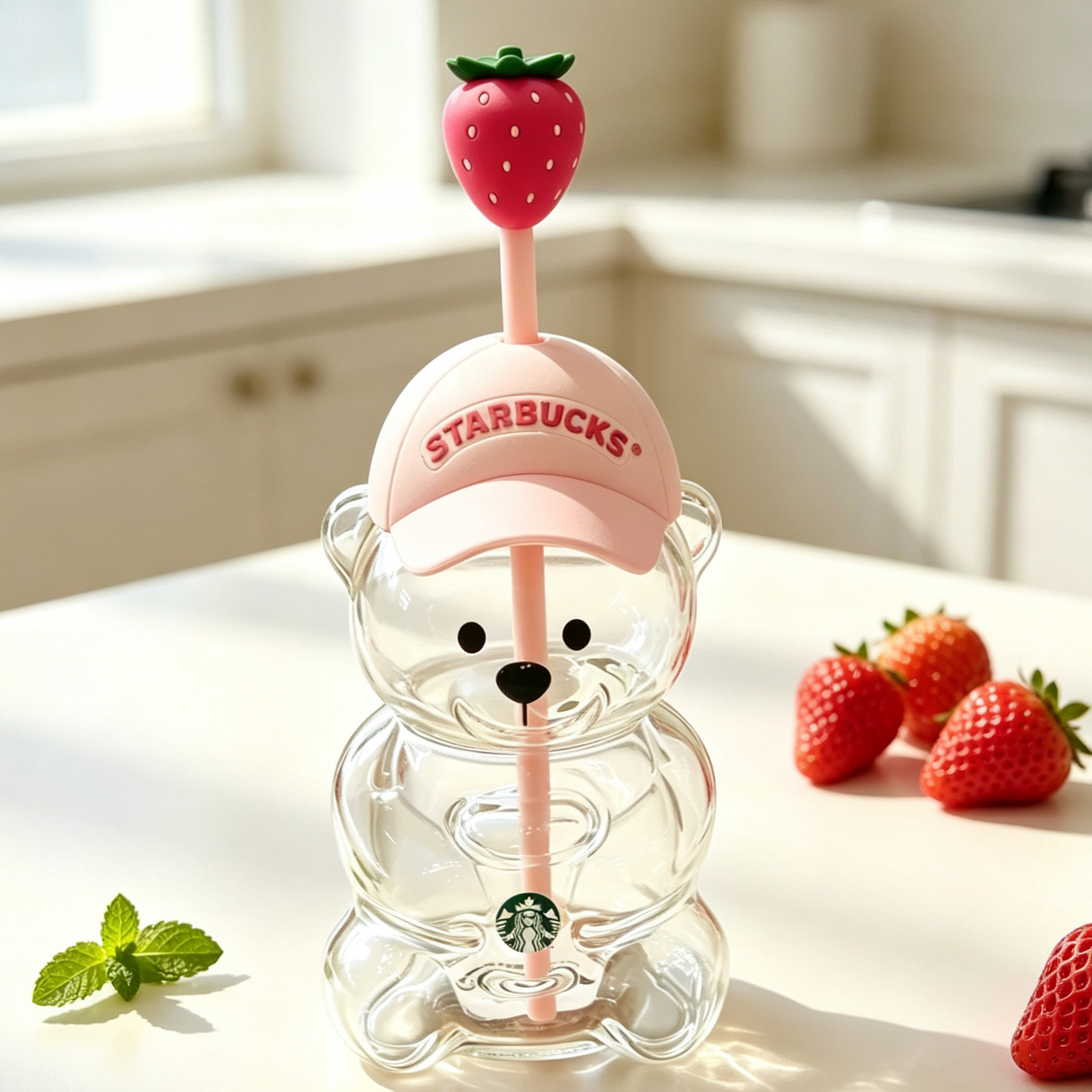Starbucks 2026 Bearista Bear Glass Tumbler Strawberry Topper Baseball Cap New