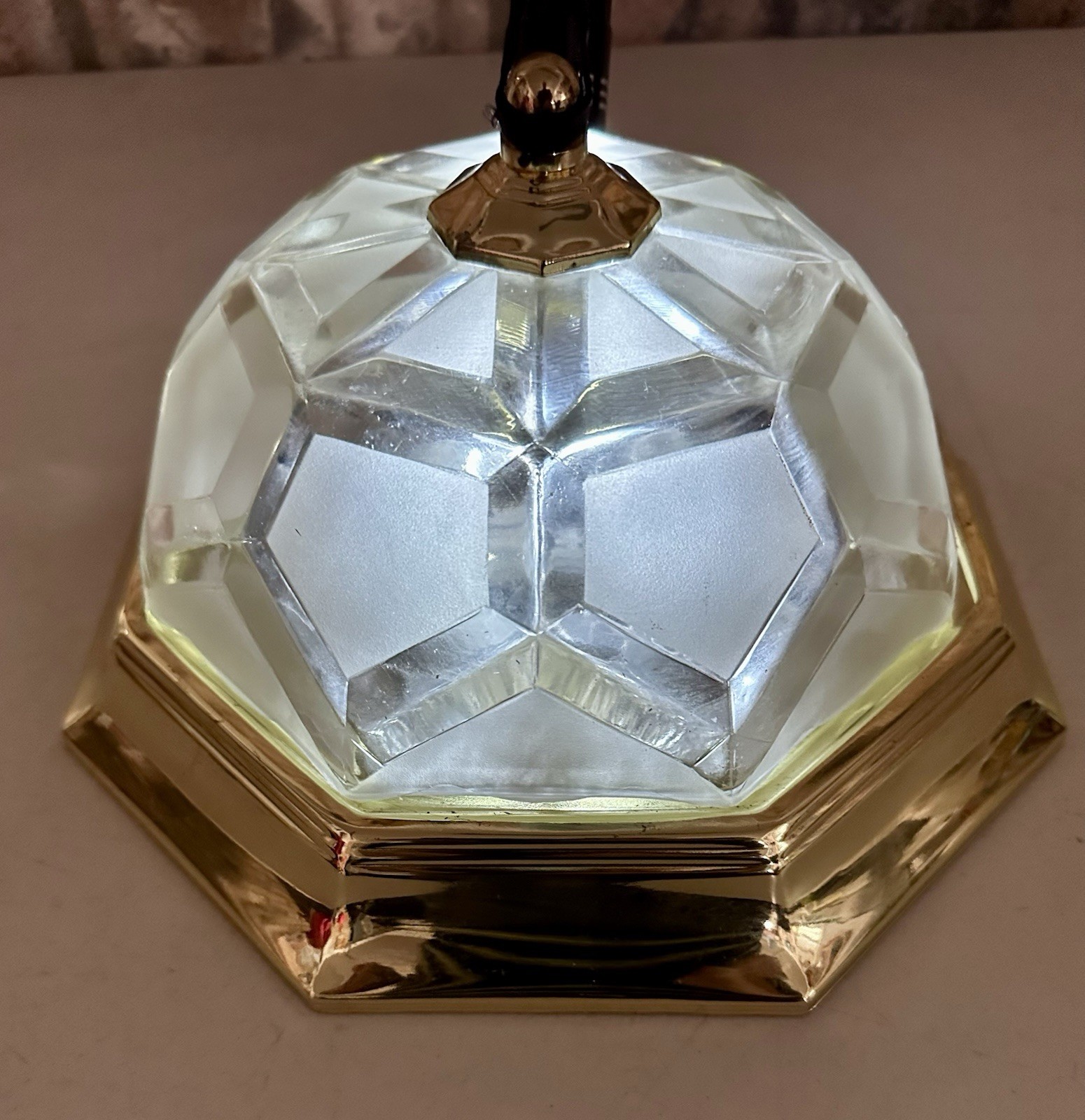 Vintage Textured Geometric Heavy Glass & Brass Octagonal Ceiling Light Fixture