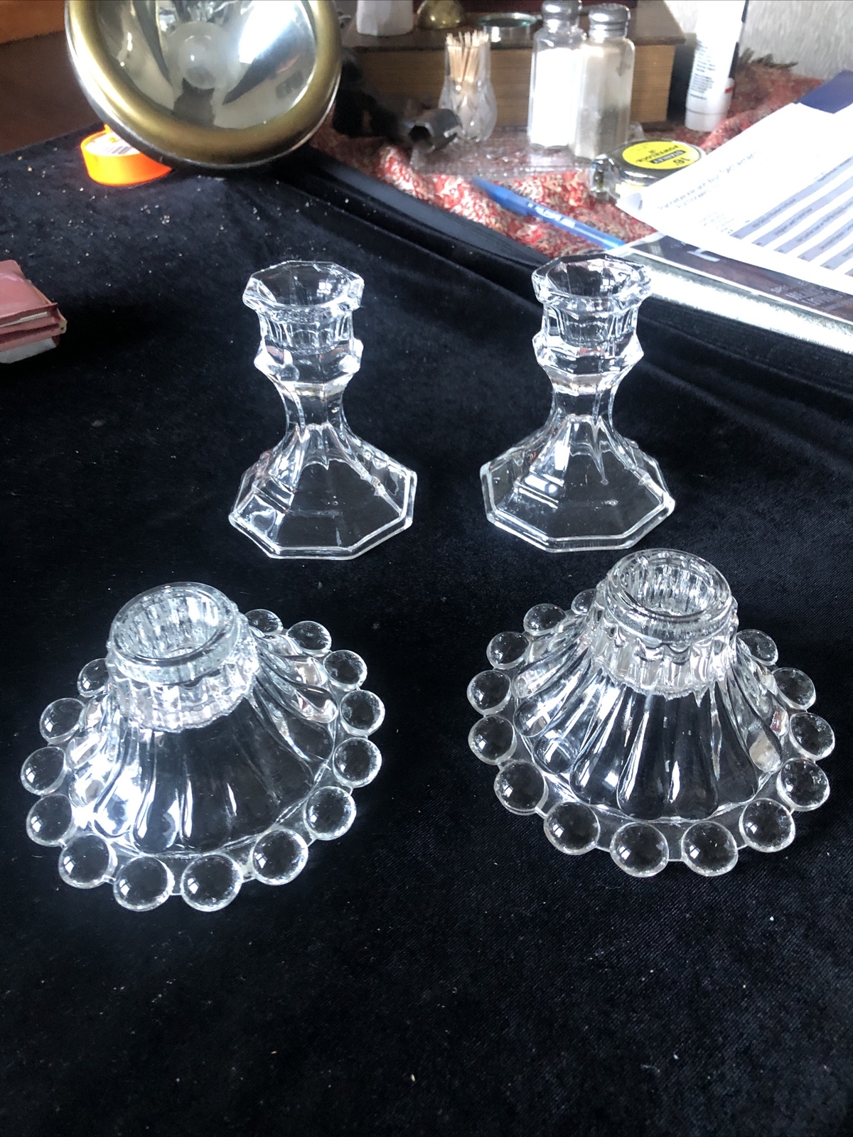 Clear (2 pair) cut Glass Candle Holders hobnail classic. Chip free