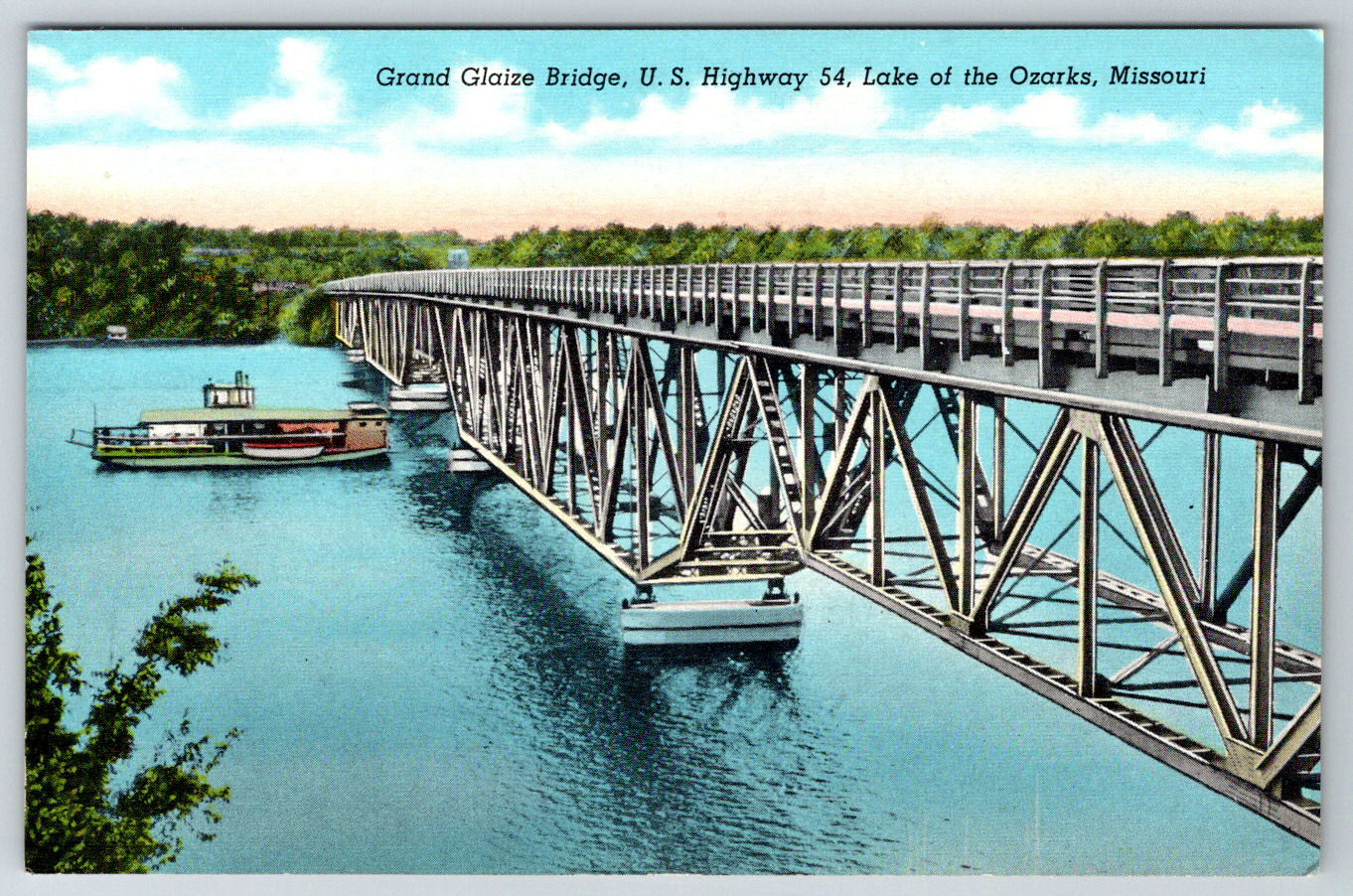 c1940s Grand Glaize Bridge US Highway 54 Lake of the Ozarks Missouri Linen