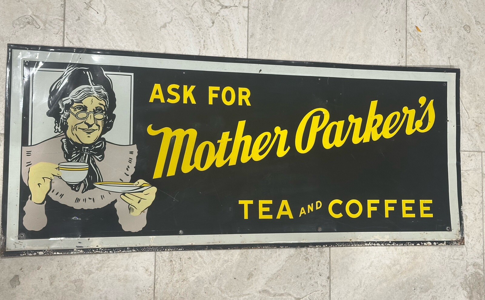 Vintage 1950’s MOTHER PARKER TEA & Coffee Tin Litho Sign Rare Original 19x47”