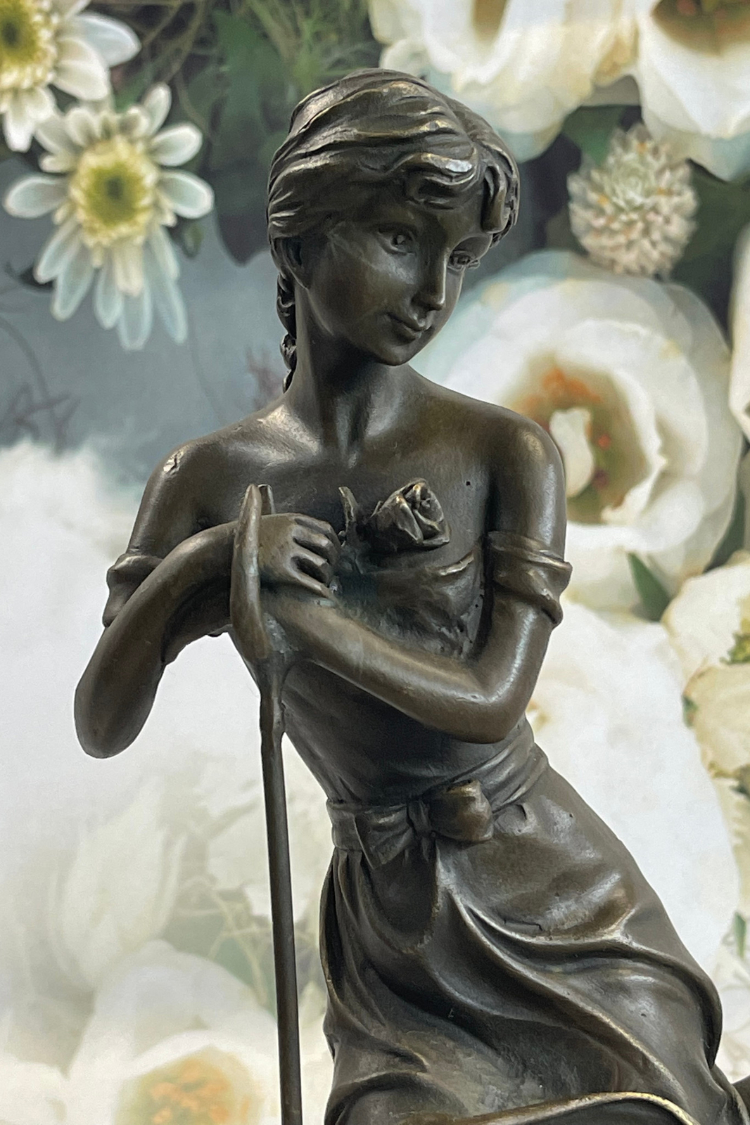Young Girl Sitting Holding Flowers Classical Pure Bronze Decor Sculpture Figure