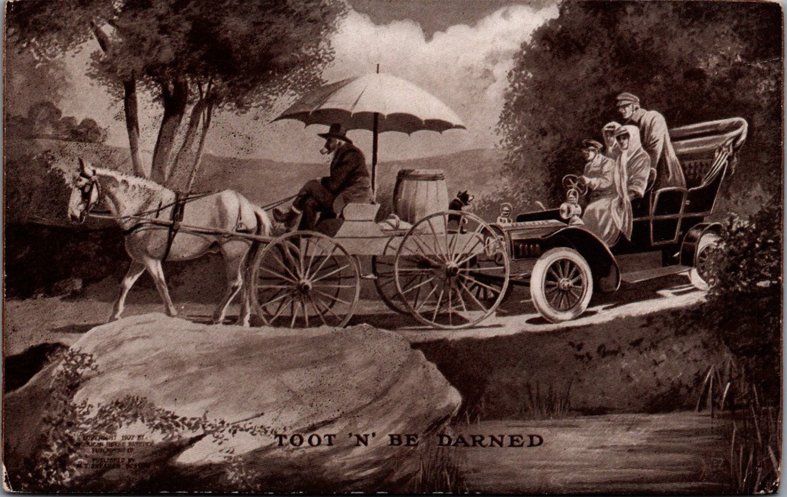 1909 Yellowstone Park Toot \'N\' Be Darned Humorous Auto Horse Postcard Sheahan 1909 Yellowstone Park Toot \'N\' Be Darned Humorous Auto Horse Postcard Sheahan