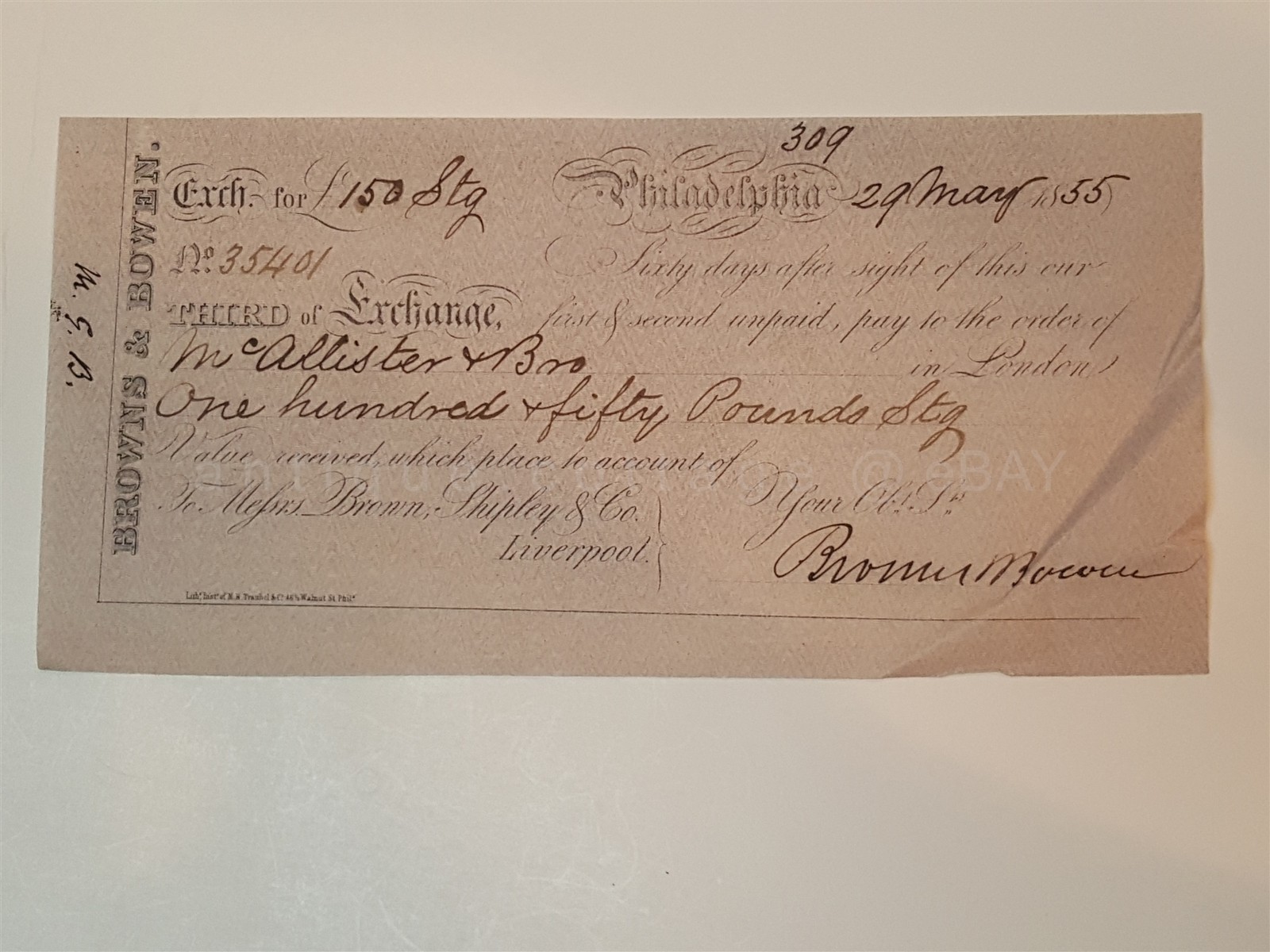 1855 antique PHILADELPHIA BANK EXCHANGE BANKNOTE check BROWNS & BOWEN #3 35401