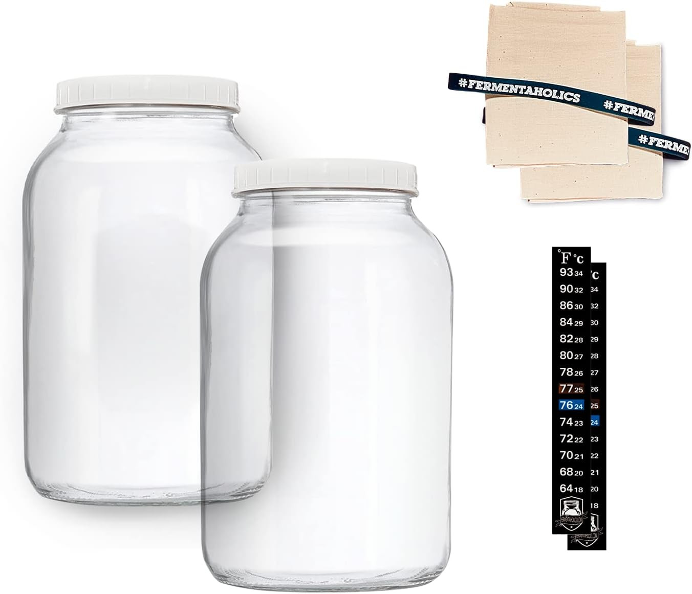 2 One-Gallon Glass Kombucha Jars & Breathable Muslin Cloth Covers, and Rubber Ba