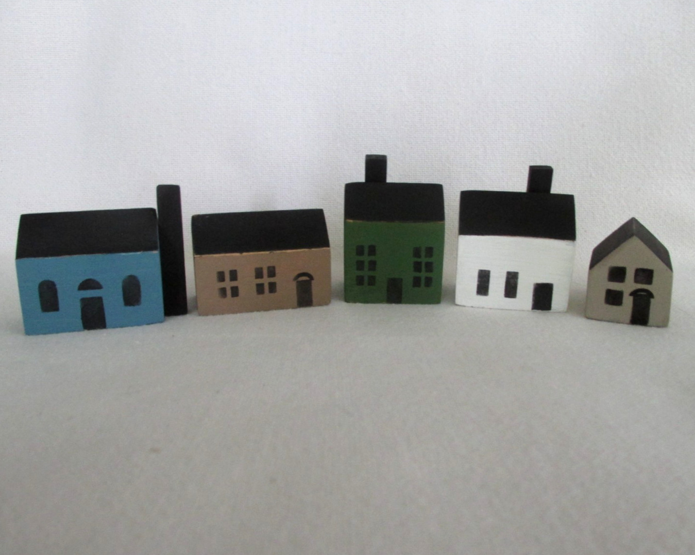 Folk Art Wooden Block Miniature Houses Lot of 5 Painted & Stenciled
