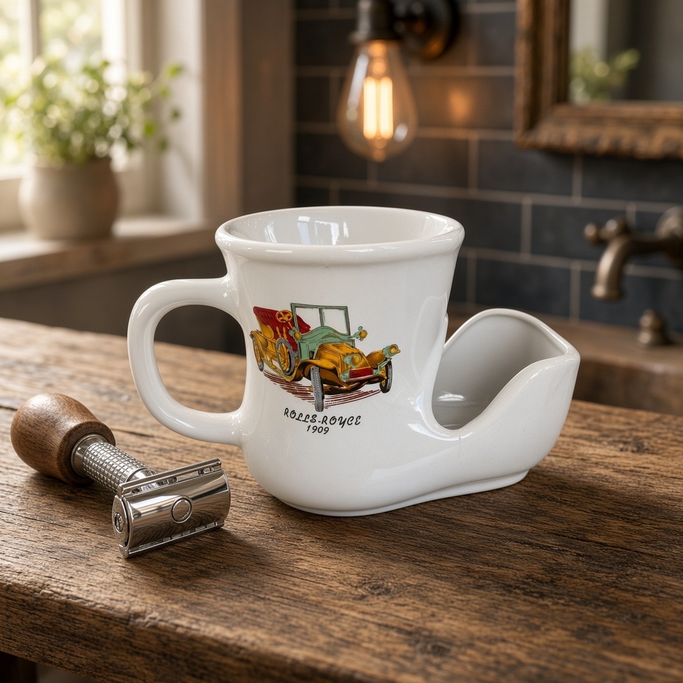 Vintage Rolls-Royce 1909 Ceramic Shaving Scuttle Mug White Antique Car Graphic
