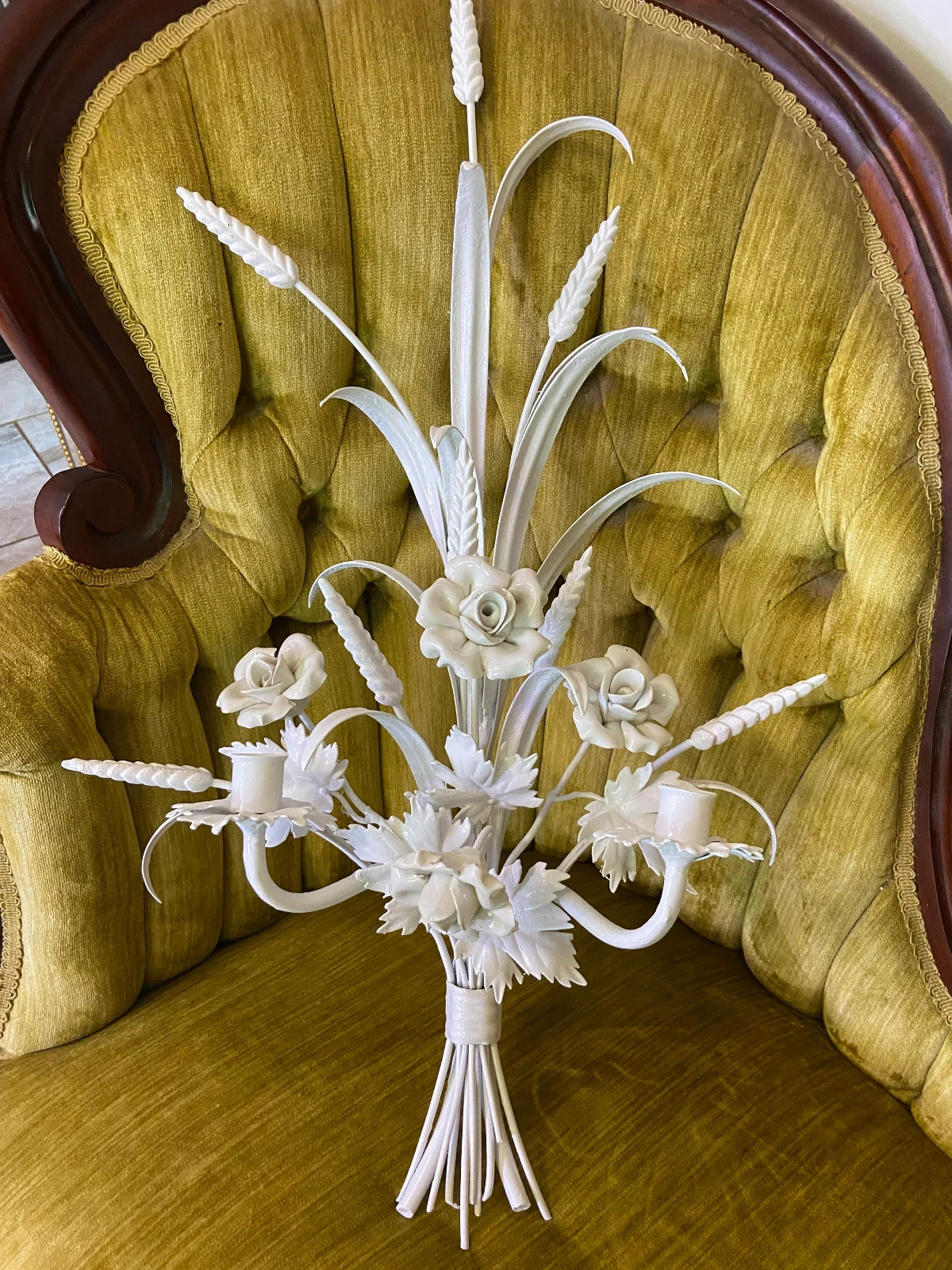 VTG ITALIAN TOLE WHITE WALL SCONCE PORCELAIN ROSES 2 ARMS CANDLE HOLDERS VTG ITALIAN TOLE WHITE WALL SCONCE PORCELAIN ROSES 2 ARMS CANDLE HOLDERS