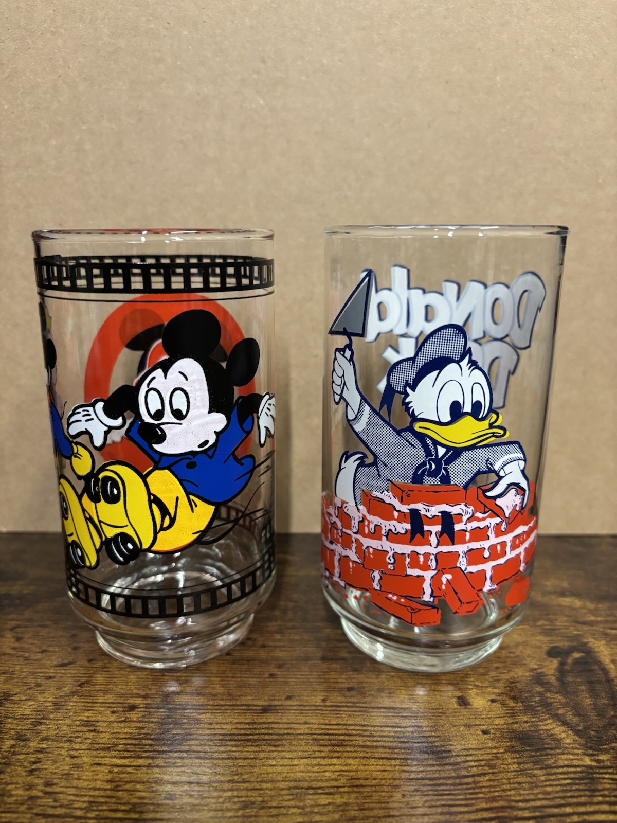 2 Vintage Walt Disney Mickey Mouse Club Donald Duck&Mickey Mouse Glass 5in Tall