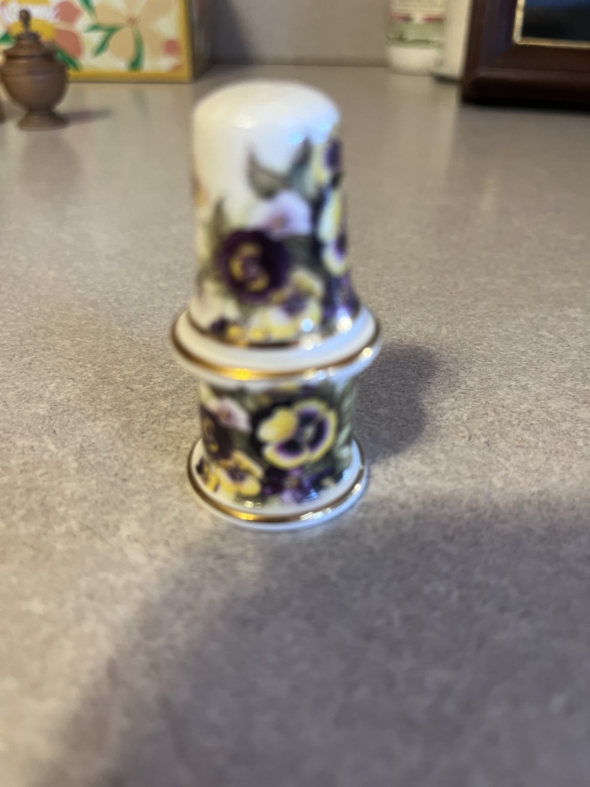 Vintage Newhall Bone China Thimble Holder/ Sew Kit W/ Pansies Vintage Newhall Bone China Thimble Holder/ Sew Kit W/ Pansies