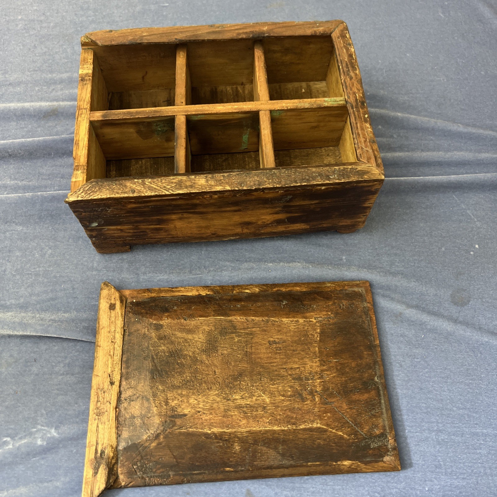 Antique Primitive Wooden 6 Compartment Sliding Lid Storage Spice Tea Box 9x6