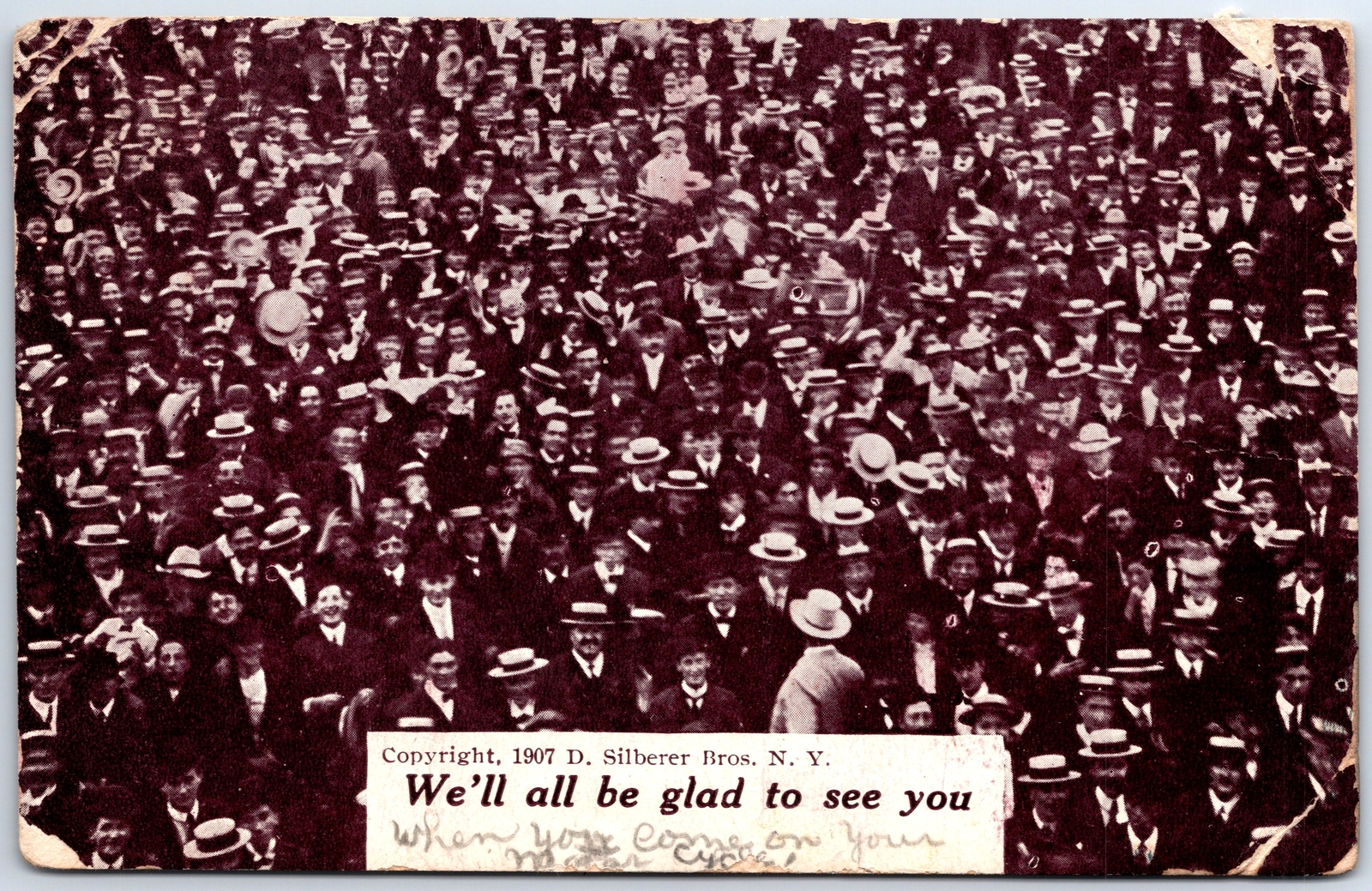 VINTAGE POSTCARD \'WE\'LL ALL BE GLAD TO SEE YOU\' NOVELTY HAPPY CROWD 1908 creases VINTAGE POSTCARD \'WE\'LL ALL BE GLAD TO SEE YOU\' NOVELTY HAPPY CROWD 1908 creases